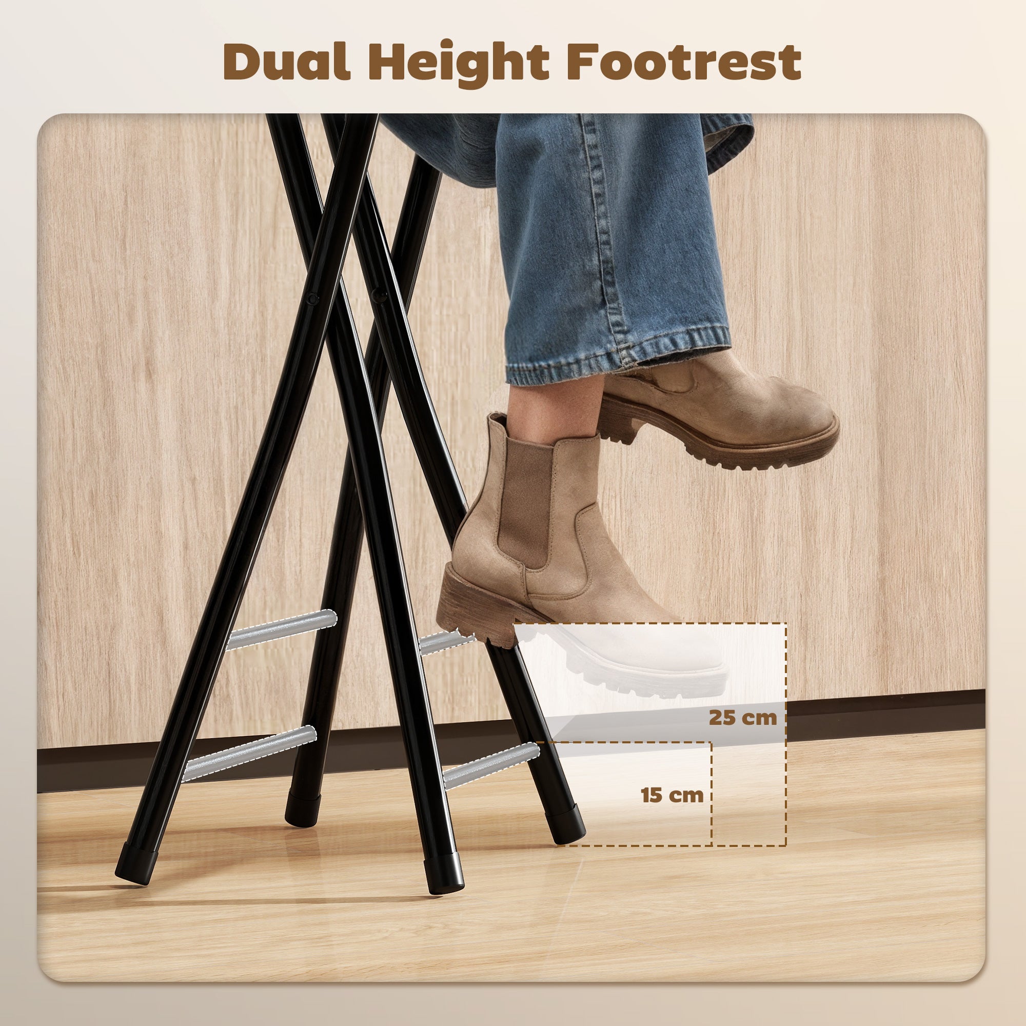 Foldable Bar Stools Set of 2, 24" Counter Height Round Bar Chairs with Double Footrest, Folding Barstools for Kitchen Island, Black