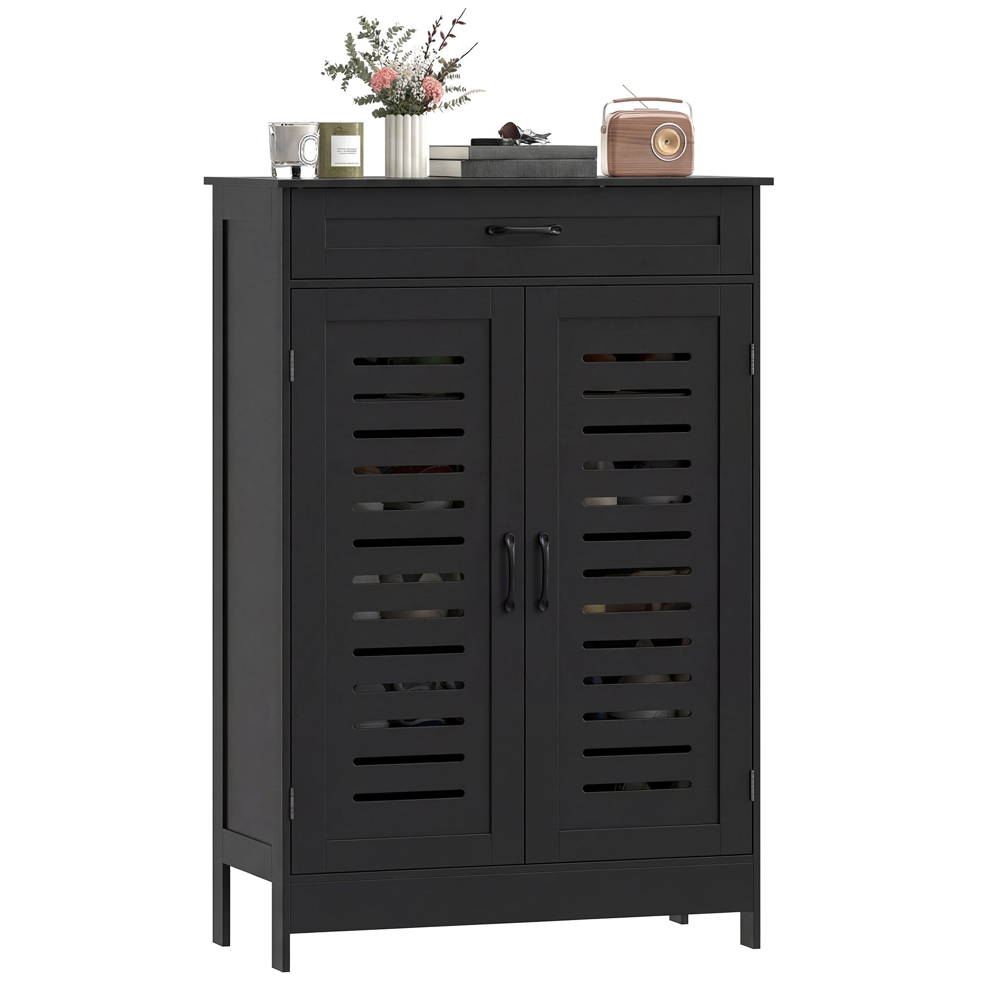 Shoe Cabinet with Louvered Doors, Modern Shoe Storage Cabinet with Drawer and Adjustable Shelves, Holds up to 20 Pairs for Entryway, Hallway, Black
