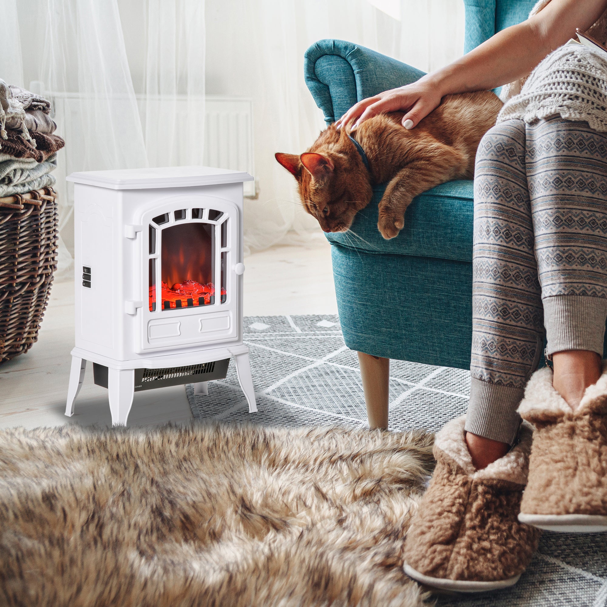 Freestanding Fireplace Heater with Flame Effect & Overheat Protection, 750W/1500W, White
