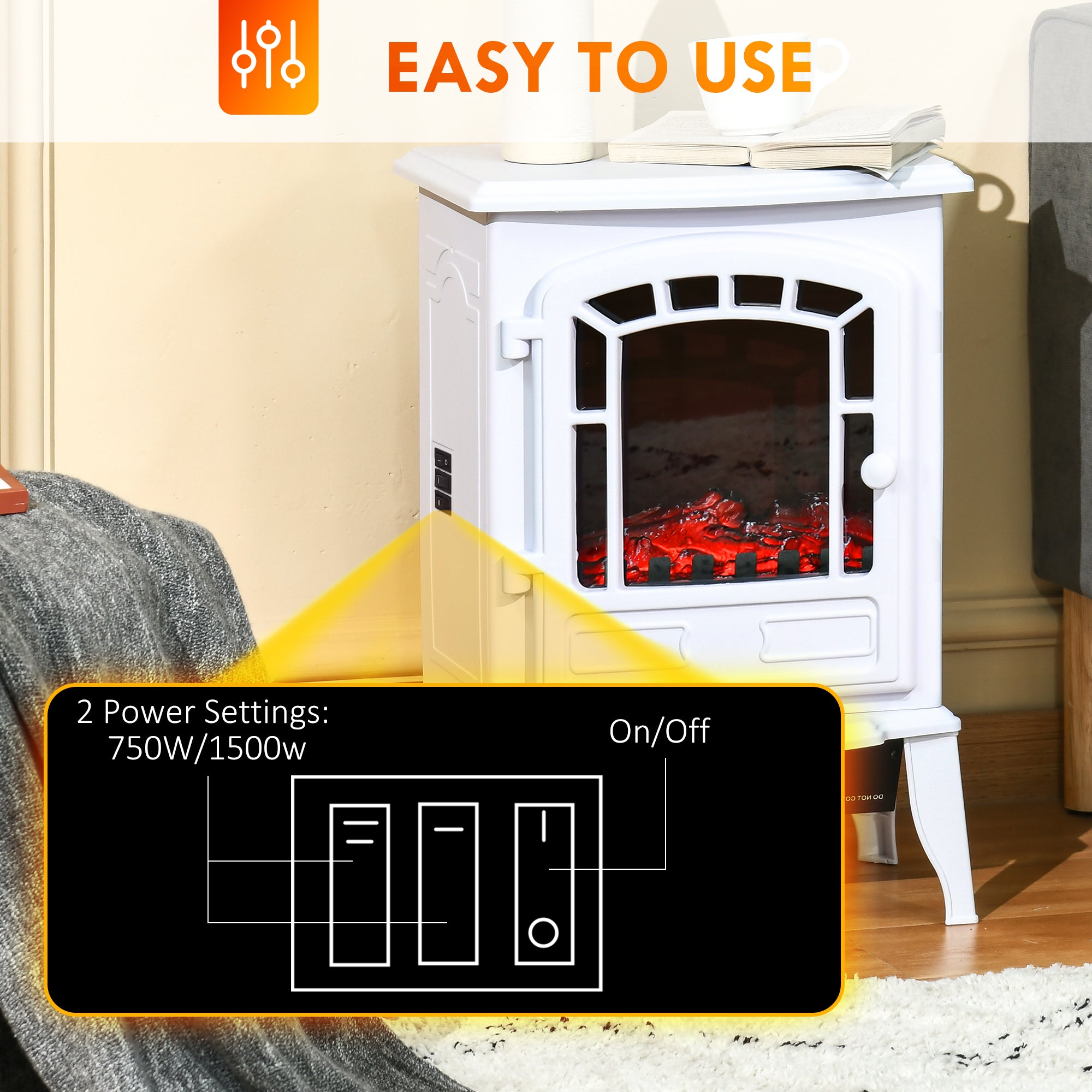 Freestanding Fireplace Heater with Flame Effect & Overheat Protection, 750W/1500W, White