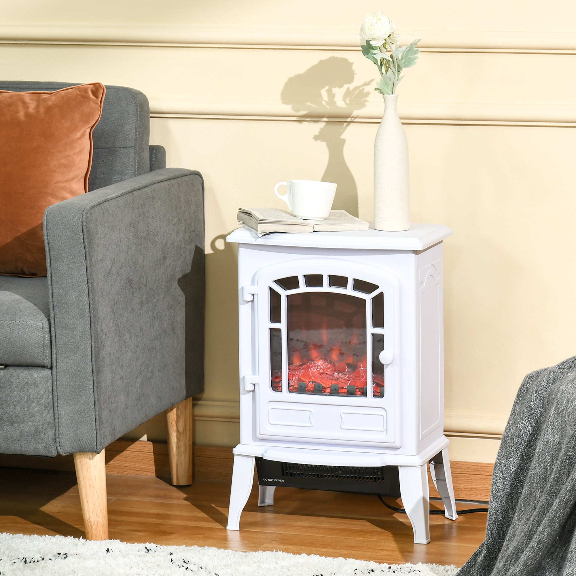 Freestanding Fireplace Heater with Flame Effect & Overheat Protection, 750W/1500W, White
