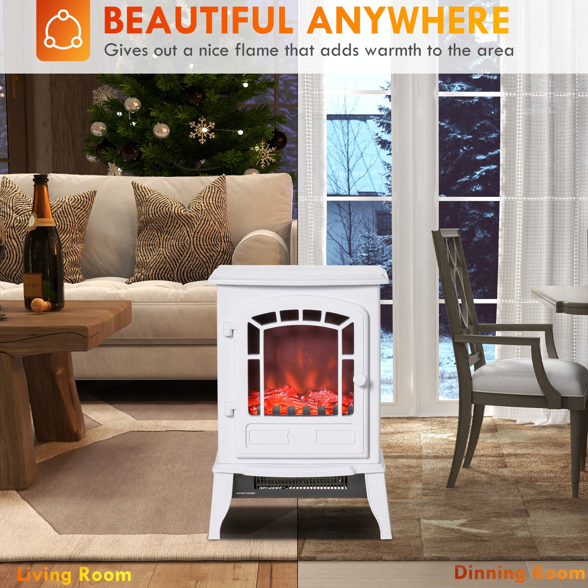 Freestanding Fireplace Heater with Flame Effect & Overheat Protection, 750W/1500W, White