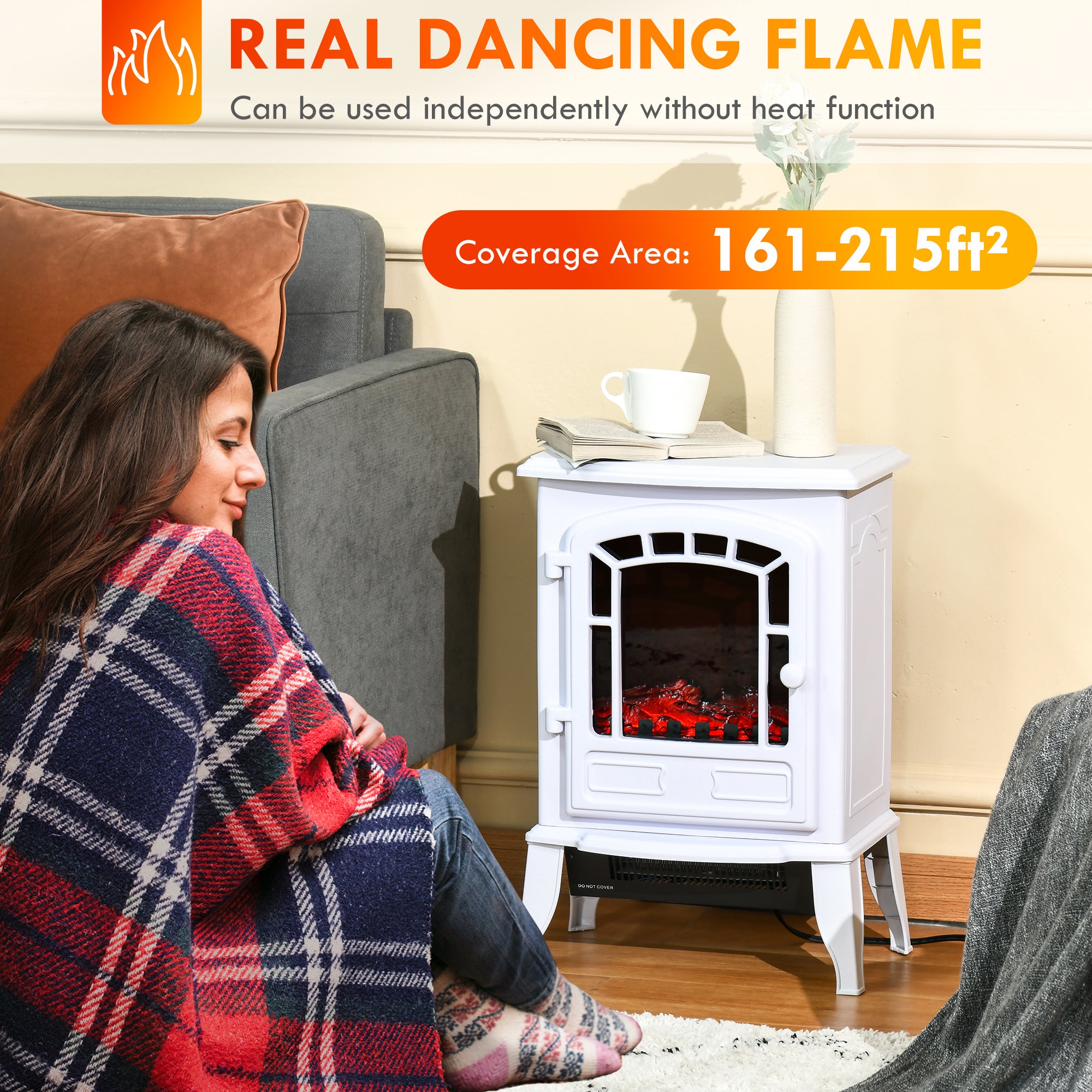 Freestanding Fireplace Heater with Flame Effect & Overheat Protection, 750W/1500W, White