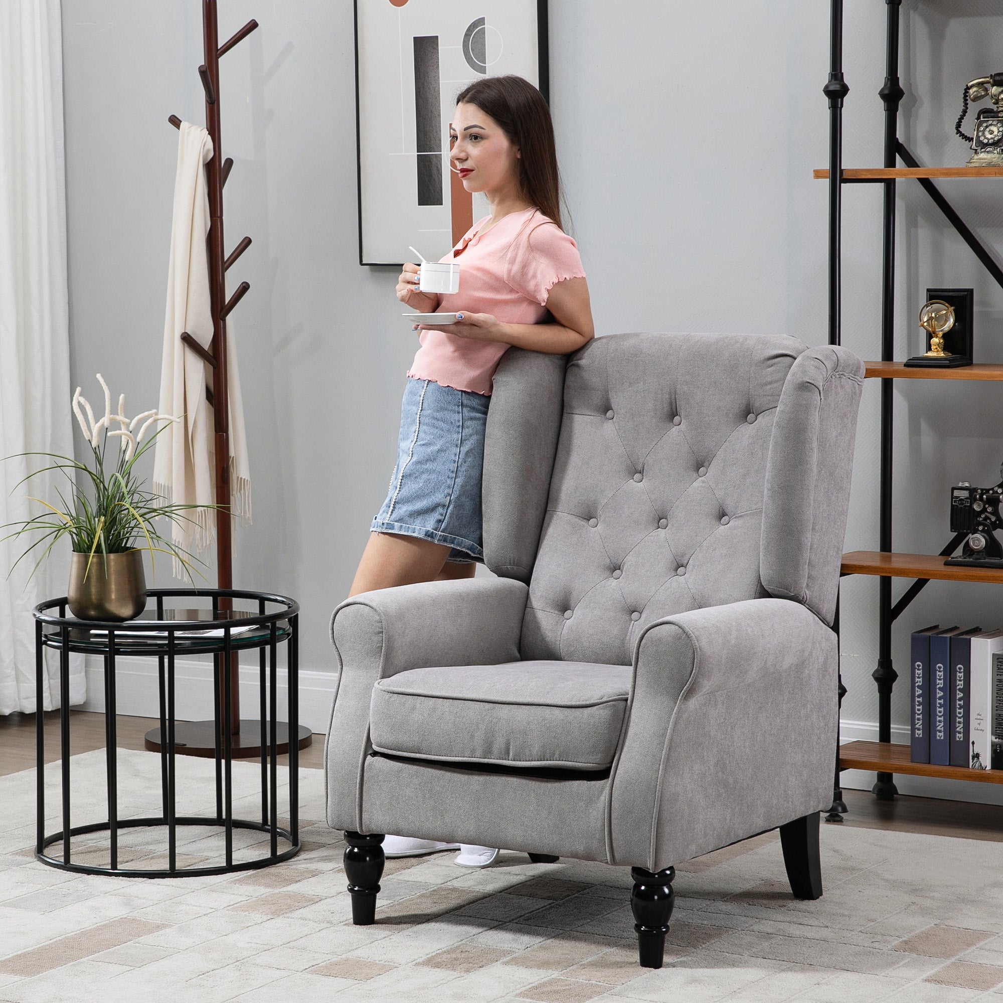 HOMCOM Retro Accent Chair, Wingback Armchair with Wood Frame Button Tufted Design for Living Room Bedroom, Grey