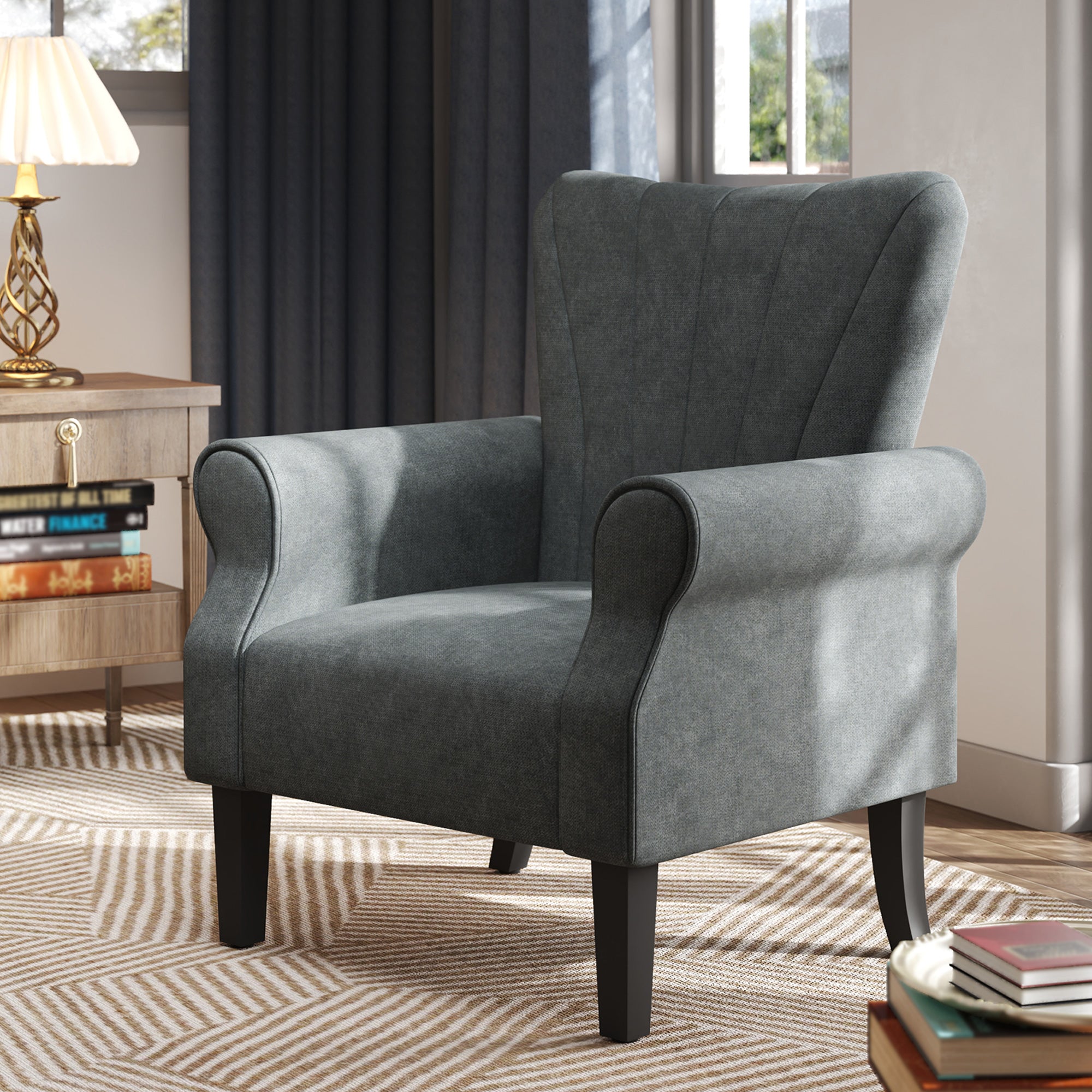 HOMCOM Armchair, Upholstered Modern Accent Chair with High Back, Rolled Arms and Wood Legs, Soft Thick Padded Living Room Chair, Grey