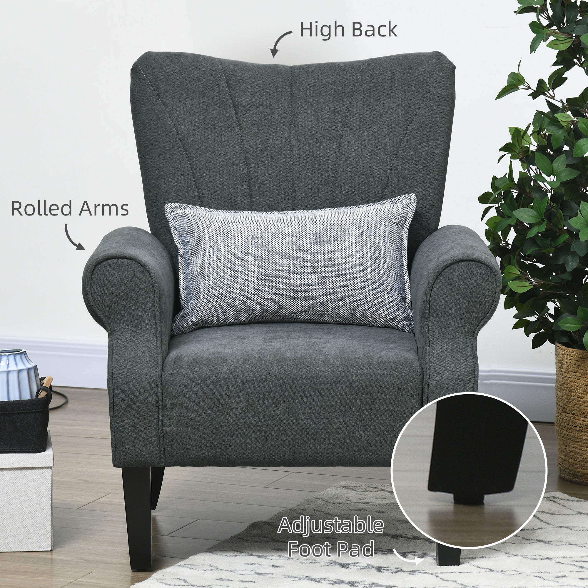 HOMCOM Armchair, Upholstered Modern Accent Chair with High Back, Rolled Arms and Wood Legs, Soft Thick Padded Living Room Chair, Grey