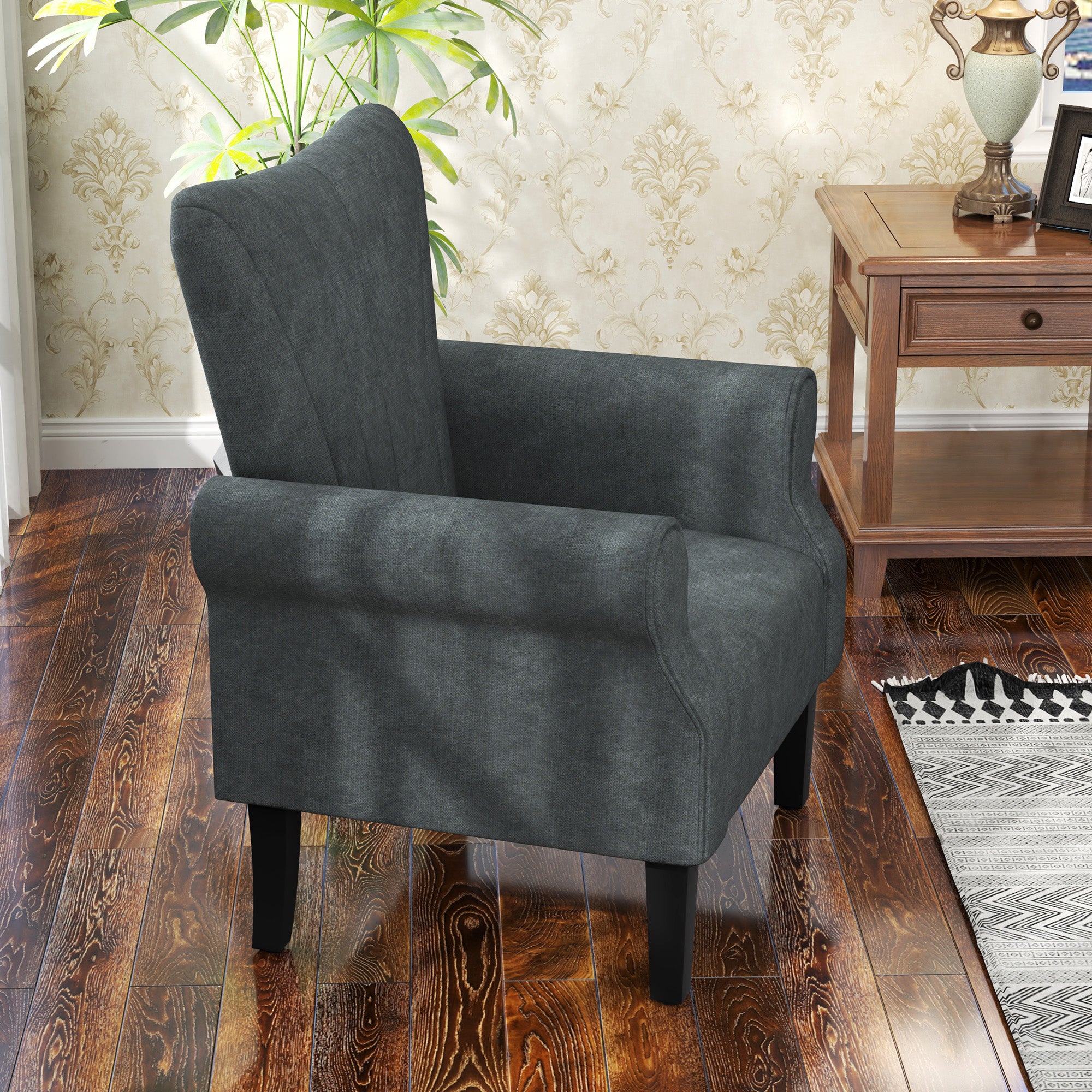HOMCOM Armchair, Upholstered Modern Accent Chair with High Back, Rolled Arms and Wood Legs, Soft Thick Padded Living Room Chair, Grey