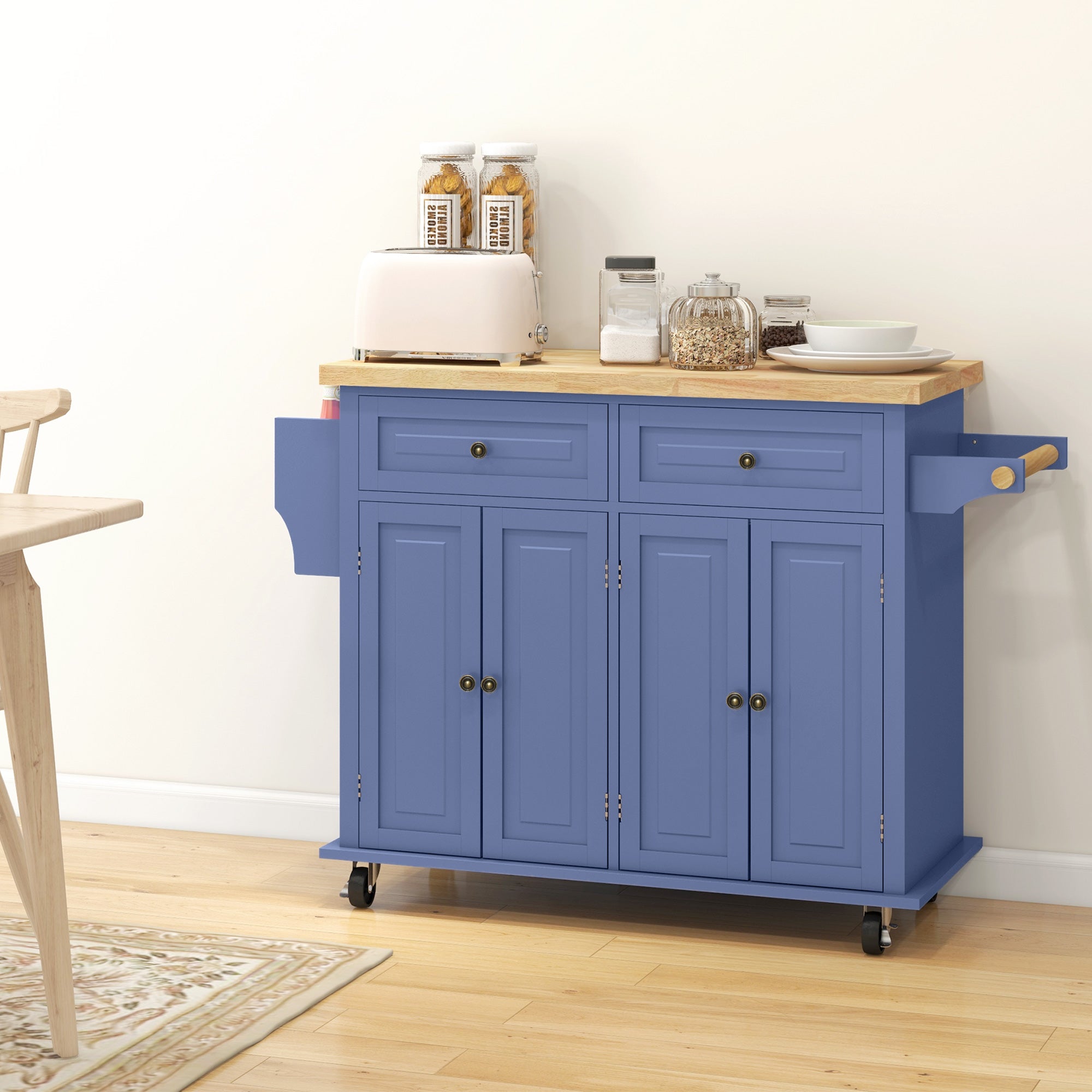 Kitchen Island on Wheels, Rolling Cart w/ Rubberwood Top, Spice Rack & Drawers, Navy Blue