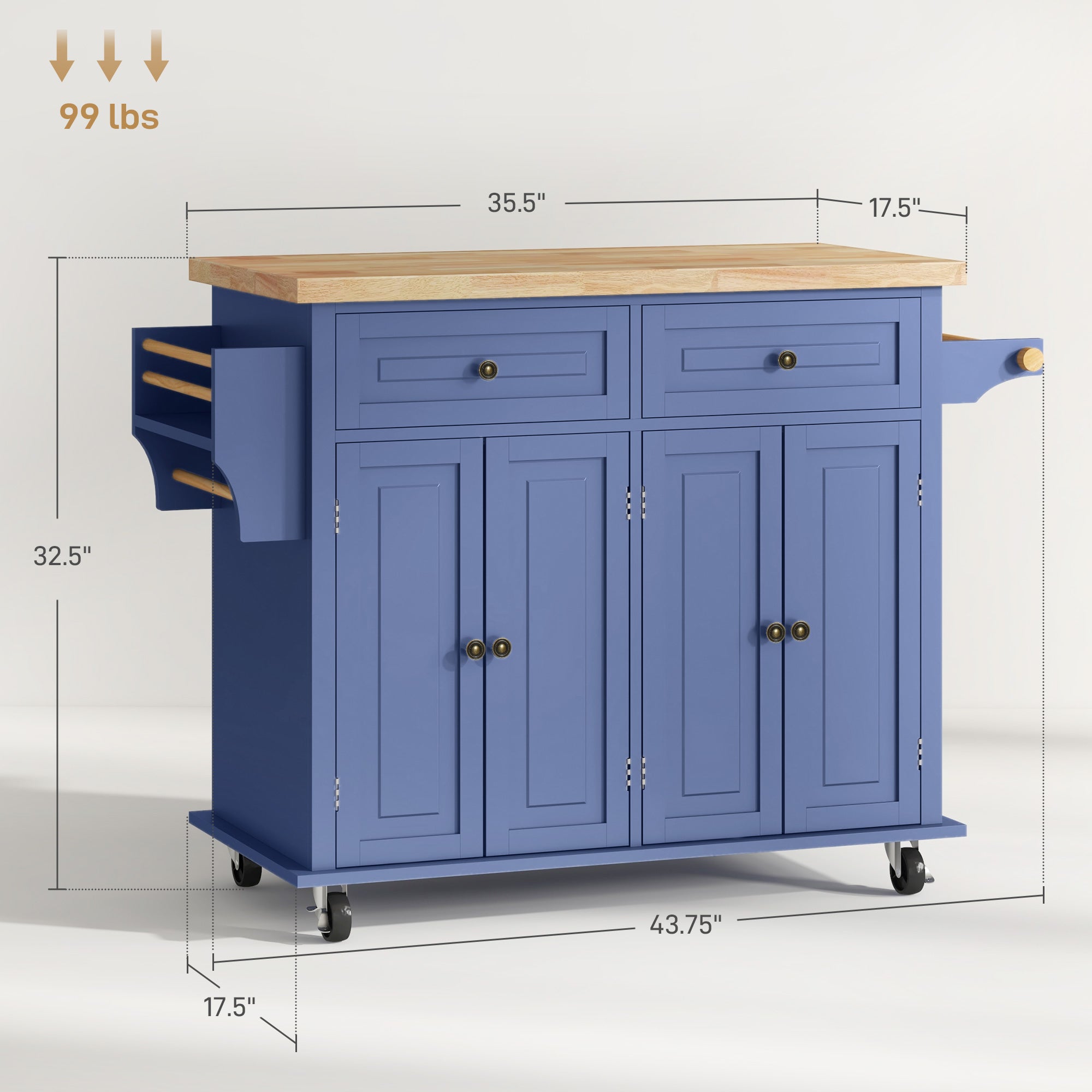 Kitchen Island on Wheels, Rolling Cart w/ Rubberwood Top, Spice Rack & Drawers, Navy Blue