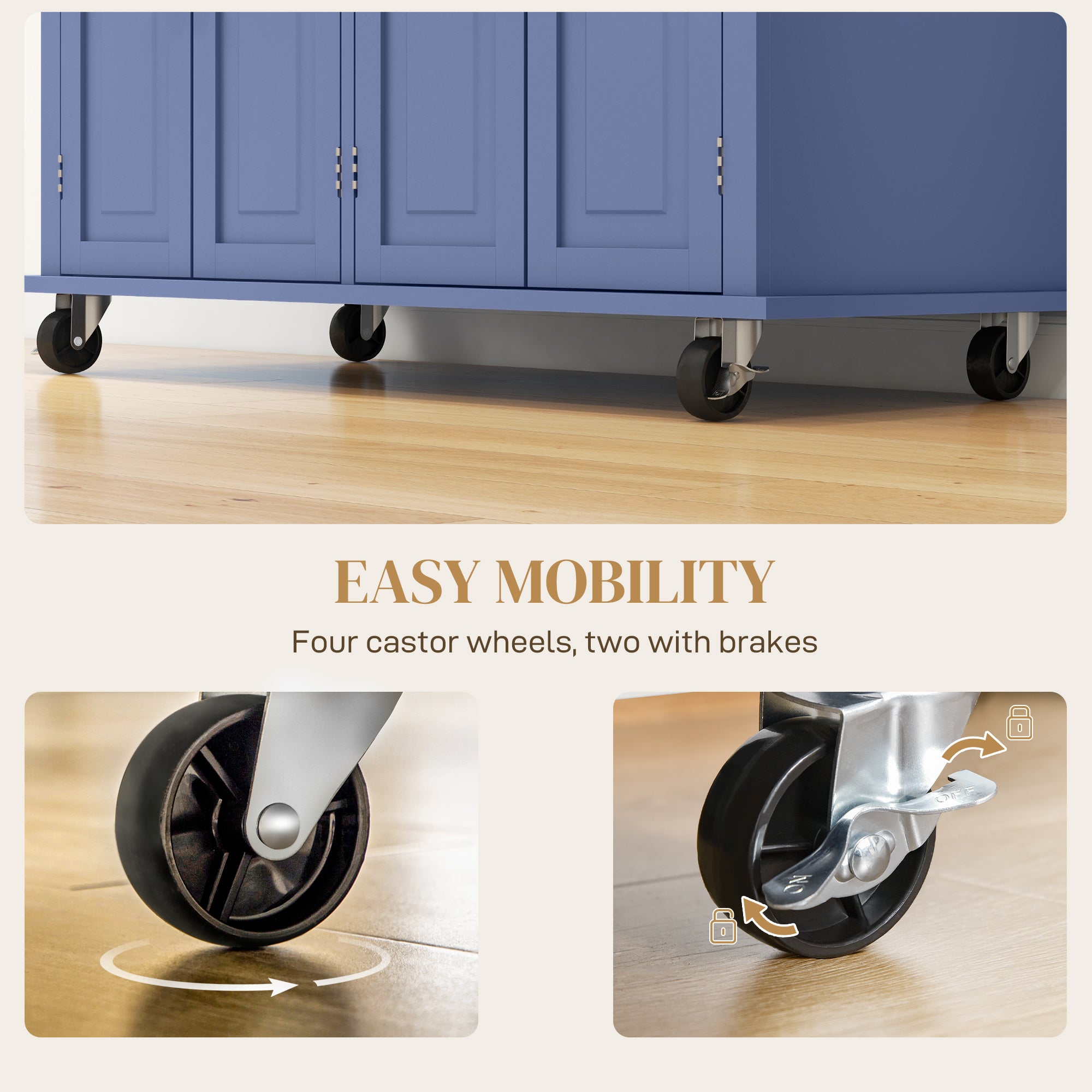 Kitchen Island on Wheels, Rolling Cart w/ Rubberwood Top, Spice Rack & Drawers, Navy Blue