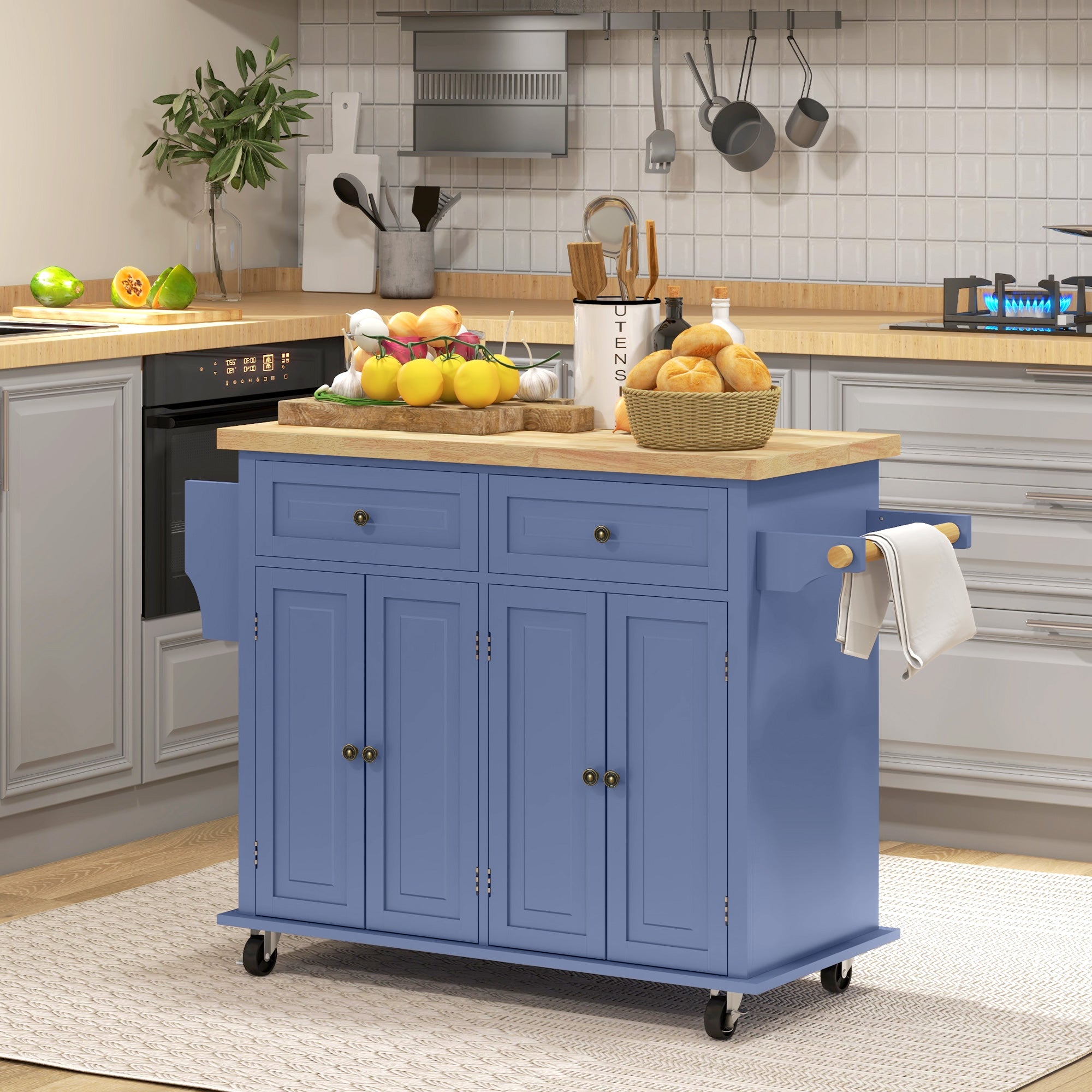 Kitchen Island on Wheels, Rolling Cart w/ Rubberwood Top, Spice Rack & Drawers, Navy Blue