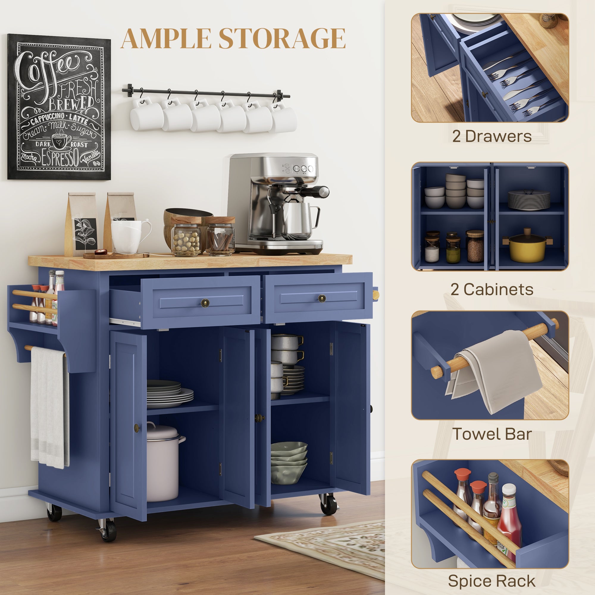Kitchen Island on Wheels, Rolling Cart w/ Rubberwood Top, Spice Rack & Drawers, Navy Blue