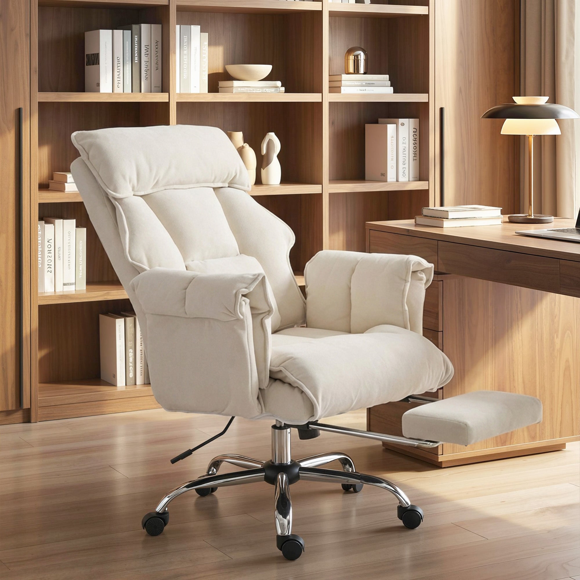 Executive Office Chair with Footrest, Reclining Swivel Computer Desk Chair with High Back, Double-layer Padding, Headrest, Adjustable Height, Rolling Wheels, Cream White