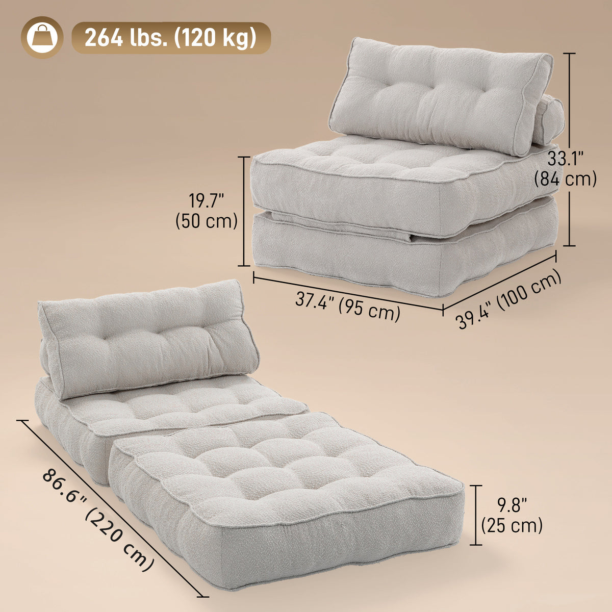 Folding Sofa Bed, Boneless Cloud Linen Sleeper Chair Bed, 3-in-1 Convertible Floor Sofa with Thick Supportive Cushion, Pillows for Living Room, Bedroom, Beige Grey