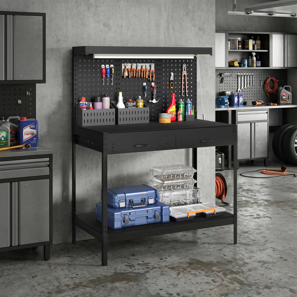 Workbench with Pegboard, Heavy Duty Work Table with Power Strip and LED Light, 43" x 24" Workstation with 2 Drawers and Shelf, 600 lbs. Capacity for Garage Workshop, Black