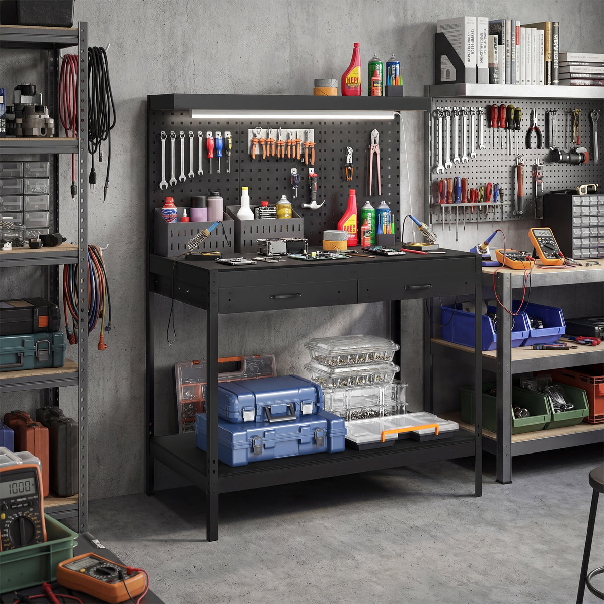 Workbench with Pegboard, Heavy Duty Work Table with Power Strip and LED Light, 43" x 24" Workstation with 2 Drawers and Shelf, 600 lbs. Capacity for Garage Workshop, Black
