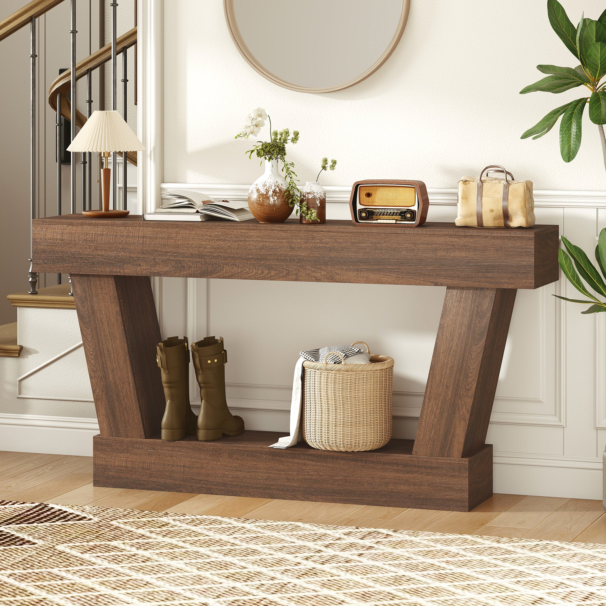 63 Inch Vintage Entryway Table, Narrow Console Tables For Entryway, Sofa Table Behind Couch with Open Shelf, for Living Room, Hallway, Brown