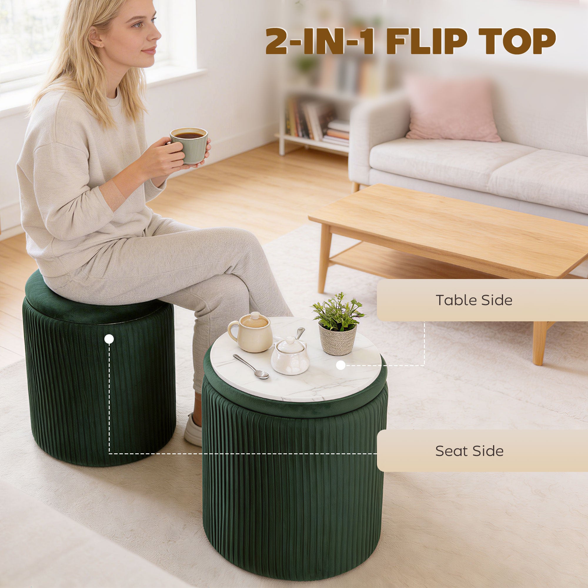 Round Storage Ottoman, Velvet-feel Fabric Upholstered Foot Stool with Removable Top, Padded Seat and Hidden Space for Living Room, Bedroom, Dark Green