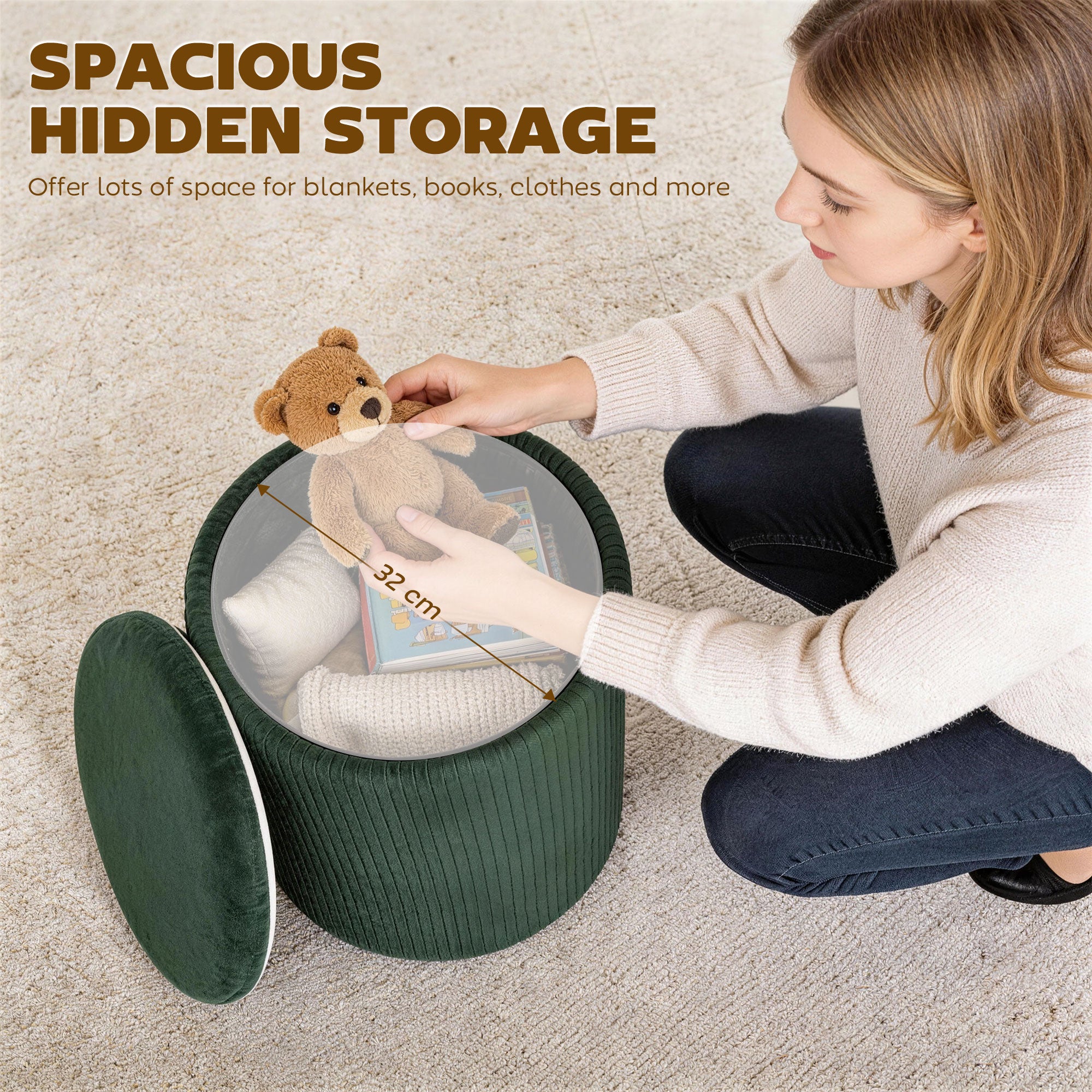 Round Storage Ottoman, Velvet-feel Fabric Upholstered Foot Stool with Removable Top, Padded Seat and Hidden Space for Living Room, Bedroom, Dark Green