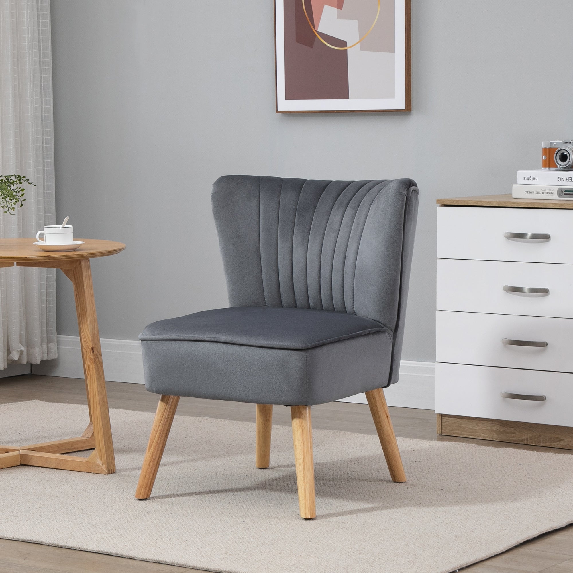 HOMCOM Velvet Accent Chair Occasional Tub Seat Padding Curved Back with Wood Frame Legs Home Furniture Grey