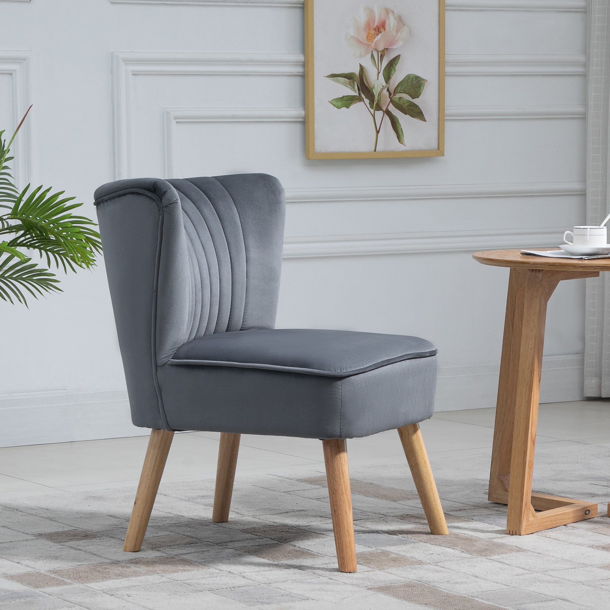 HOMCOM Velvet Accent Chair Occasional Tub Seat Padding Curved Back with Wood Frame Legs Home Furniture Grey