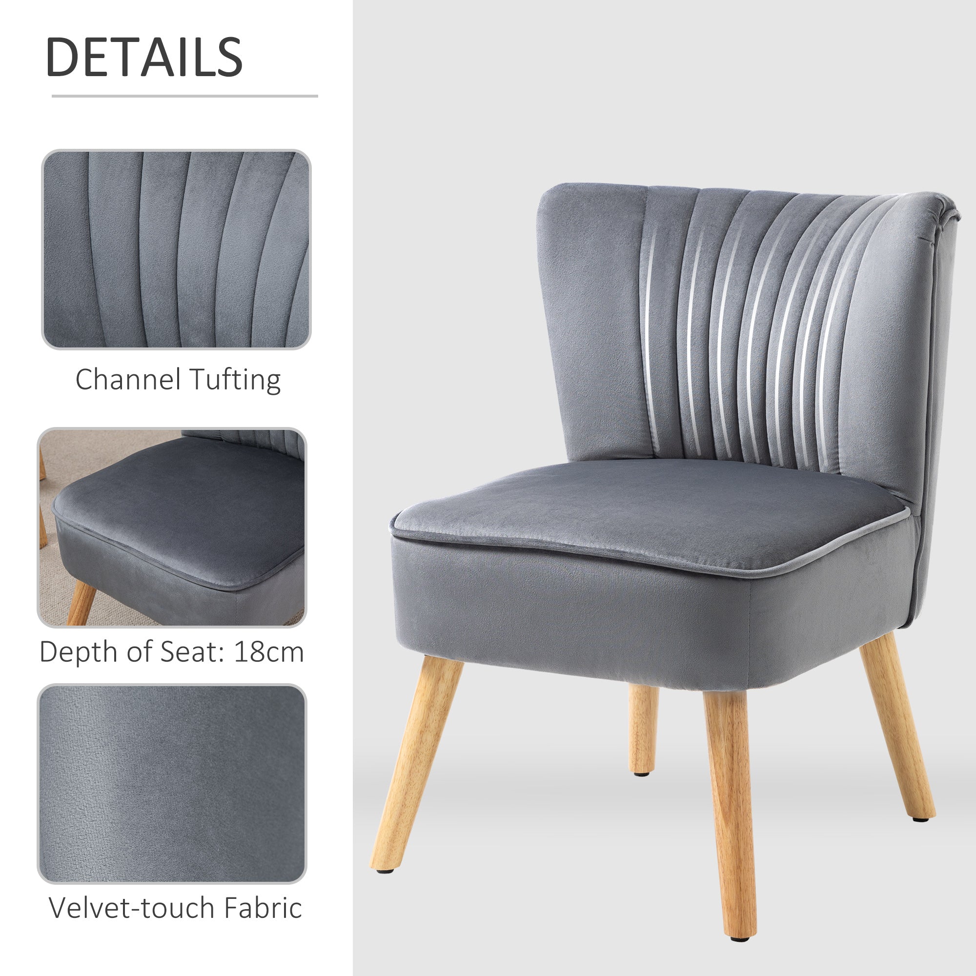 HOMCOM Velvet Accent Chair Occasional Tub Seat Padding Curved Back with Wood Frame Legs Home Furniture Grey