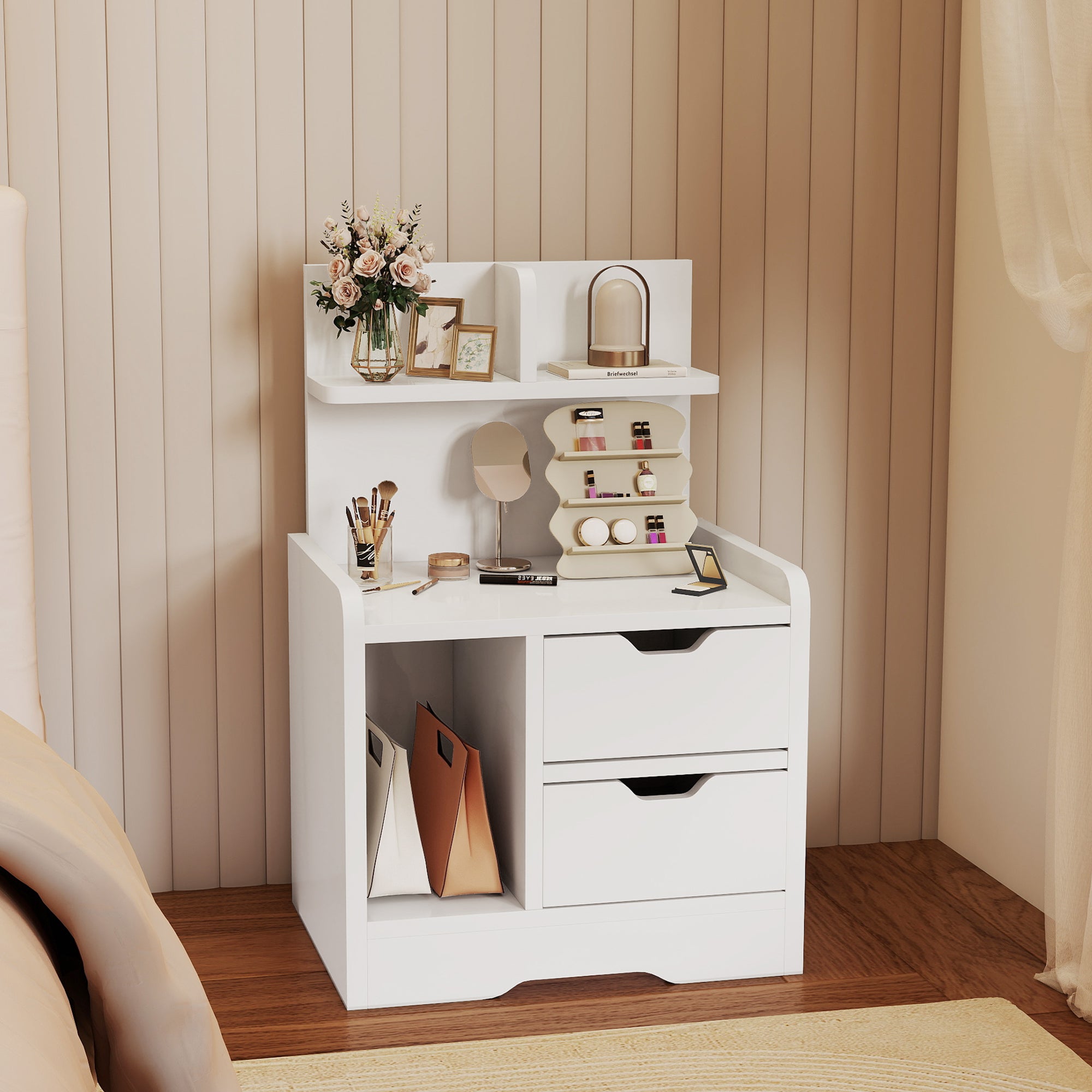 Bedside Table, Small Bedside Cabinet with 2 Drawers and Storage Shelves, Modern Nightstand for Bedroom, High Gloss White