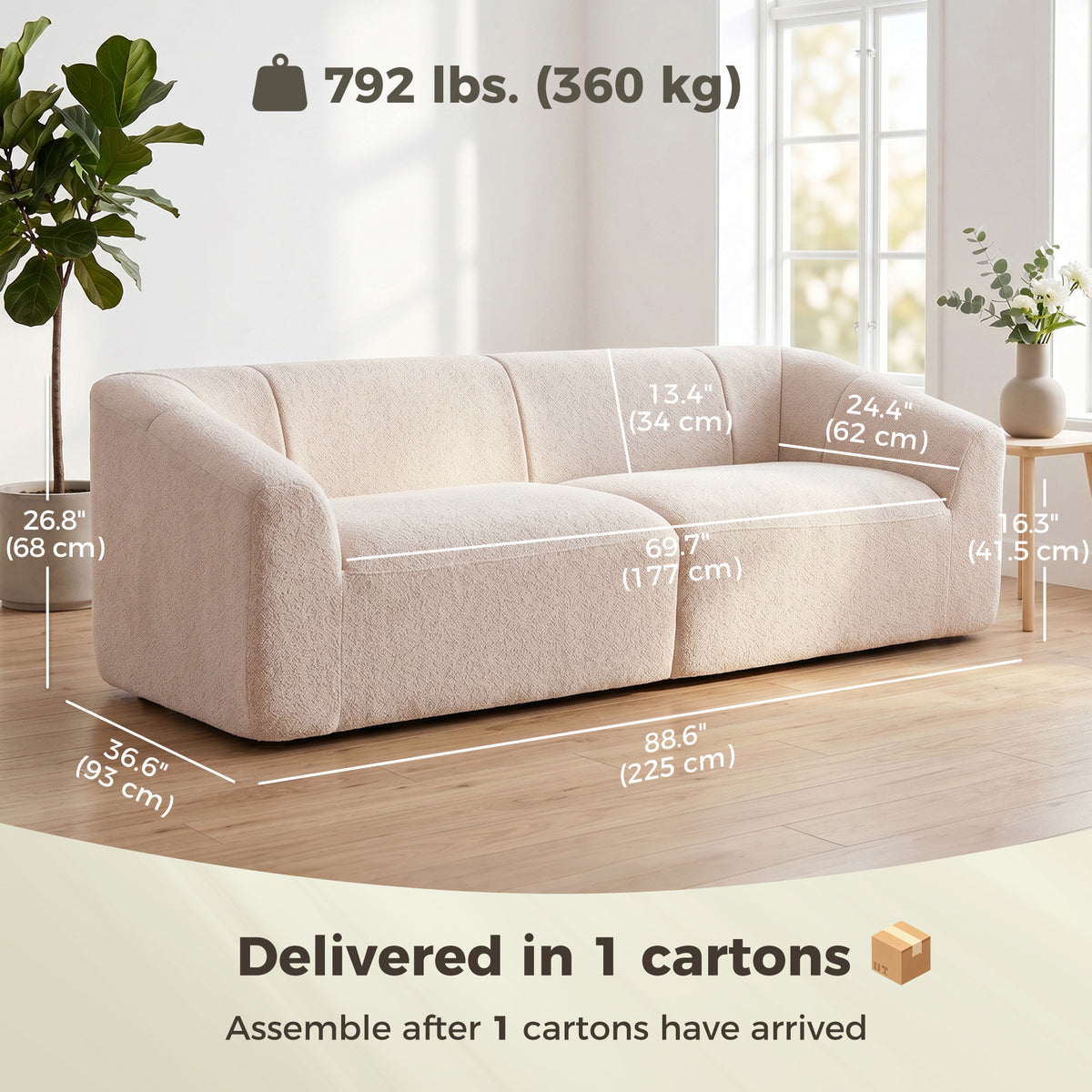 3 Seater Sofa, 89" Chenille Boneless Cloud Couch with Spring Cushion, Wide and Deep Seat, Modern Sofa for Living Room, Beige