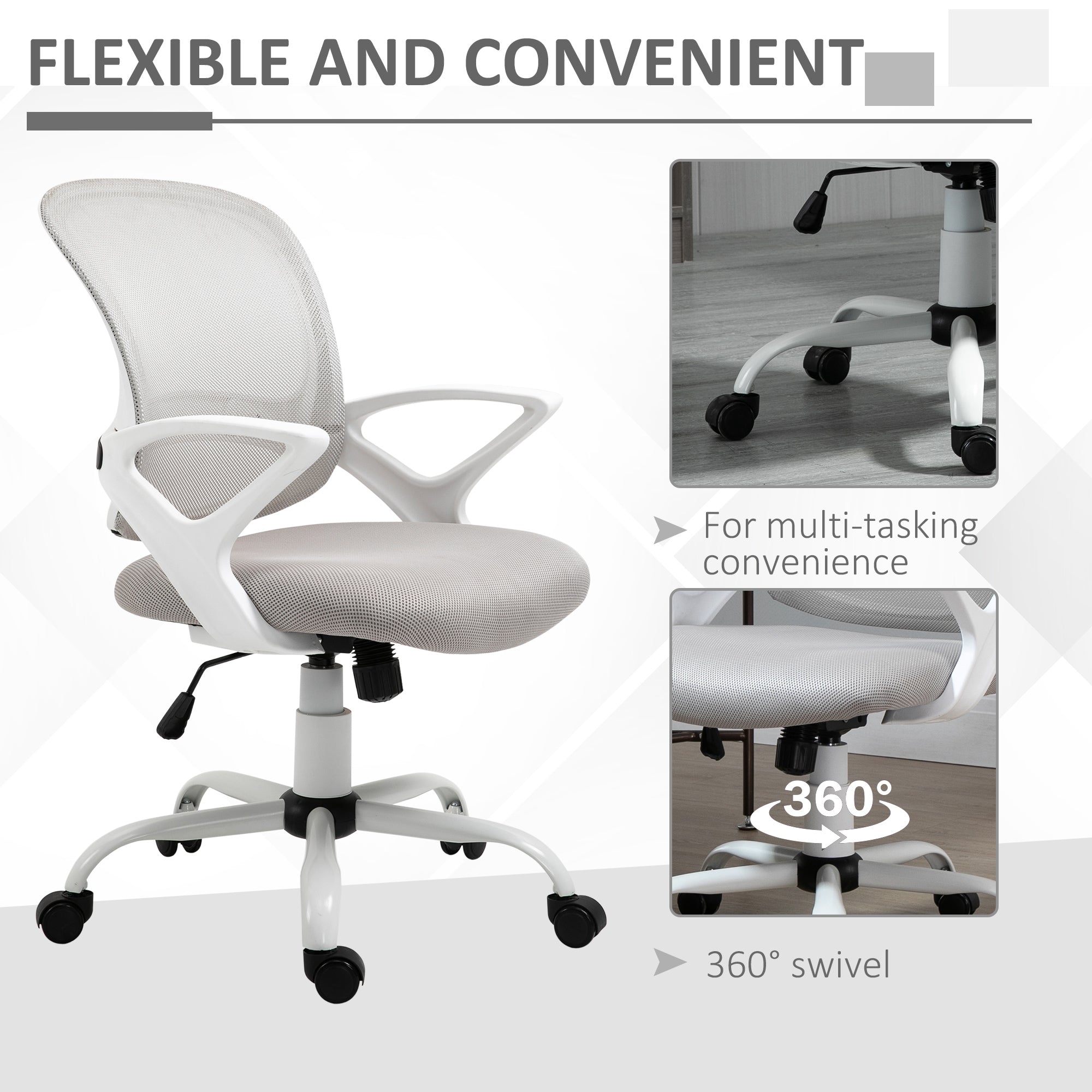 Ergonomic Mesh Office Chair, Swivel Mid Back Computer Desk Chair with Lumbar Back Support, Adjustable Height, Rocking Function, Rolling Wheels, for Home Office Study, Gray