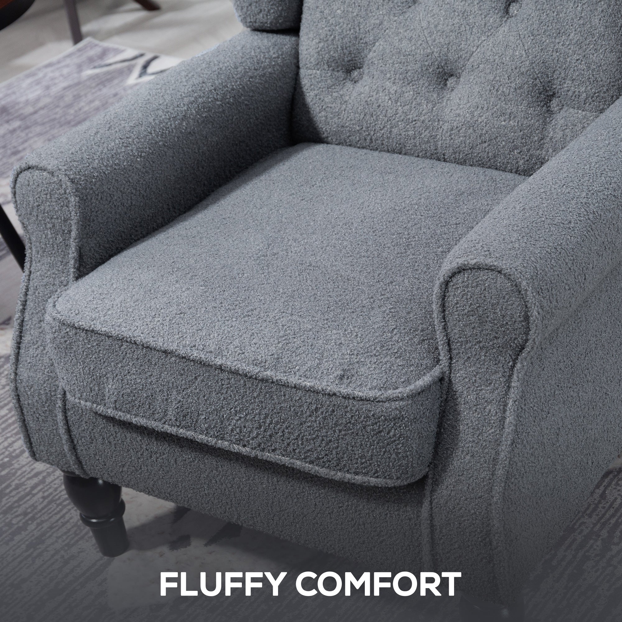 Retro Accent Chair, Teddy Fleece Wingback Armchair with Wood Frame Button Tufted Design for Living Room Bedroom, Grey