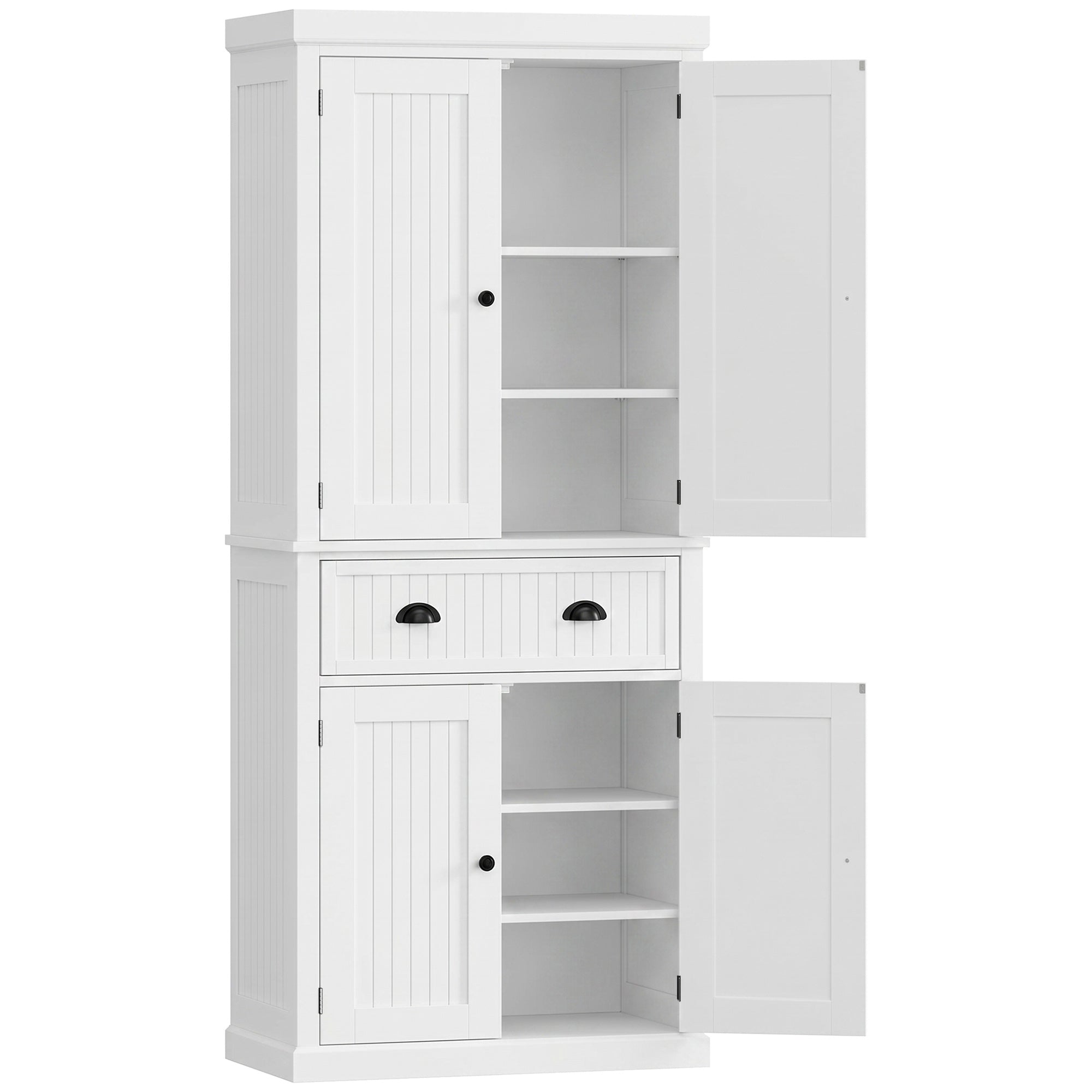 72" Tall Kitchen Pantry Cabinet, Modern Farmhouse Buffet Storage Cabinet with 4 Beadboard Doors, Drawer and Adjustable Shelves, White