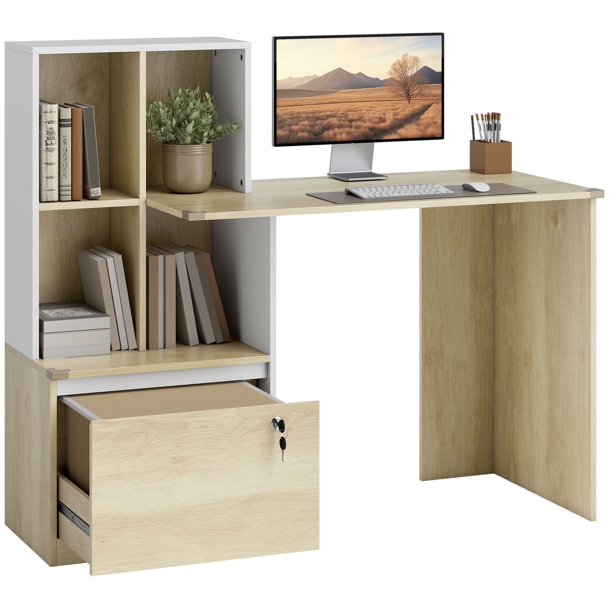 126 cm Computer Desk, Home Office Desk with Bookshelf and Lockable Drawer, Adjustable Hanging Rails for A4 and Letter Size Files, Small Writing Table for Bedroom, Study Room, Oak Wood Effect