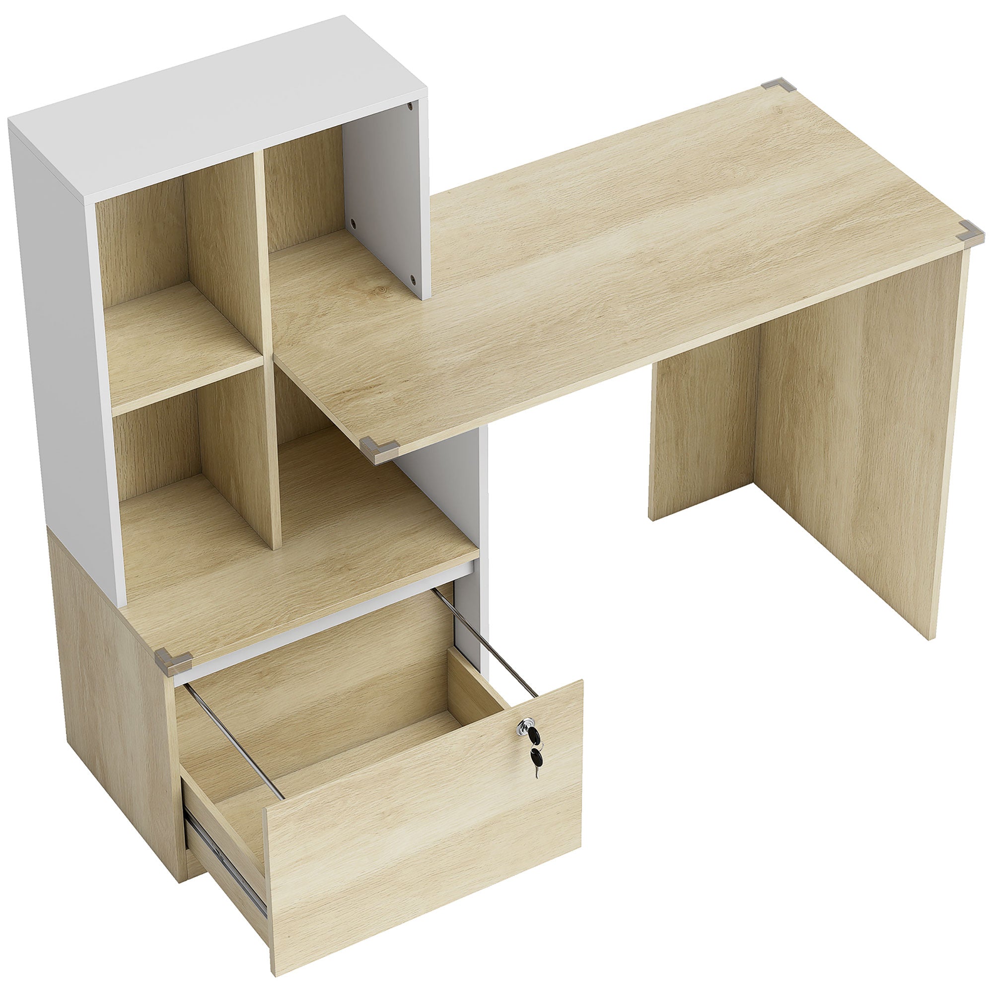 126 cm Computer Desk, Home Office Desk with Bookshelf and Lockable Drawer, Adjustable Hanging Rails for A4 and Letter Size Files, Small Writing Table for Bedroom, Study Room, Oak Wood Effect