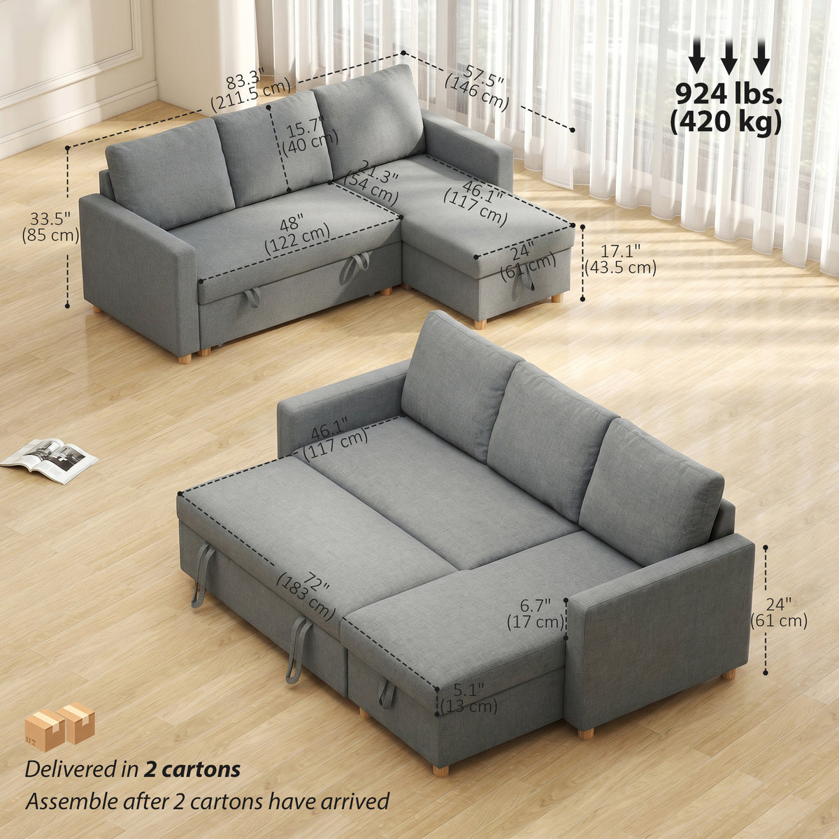 83" Sofa Bed, Convertible Pull Out Sleeper Sofa, Linen L Shaped Sectional Couch with Reversible Storage Chaise, Wide and Deep Seat for Living Room, Apartment, Light Grey