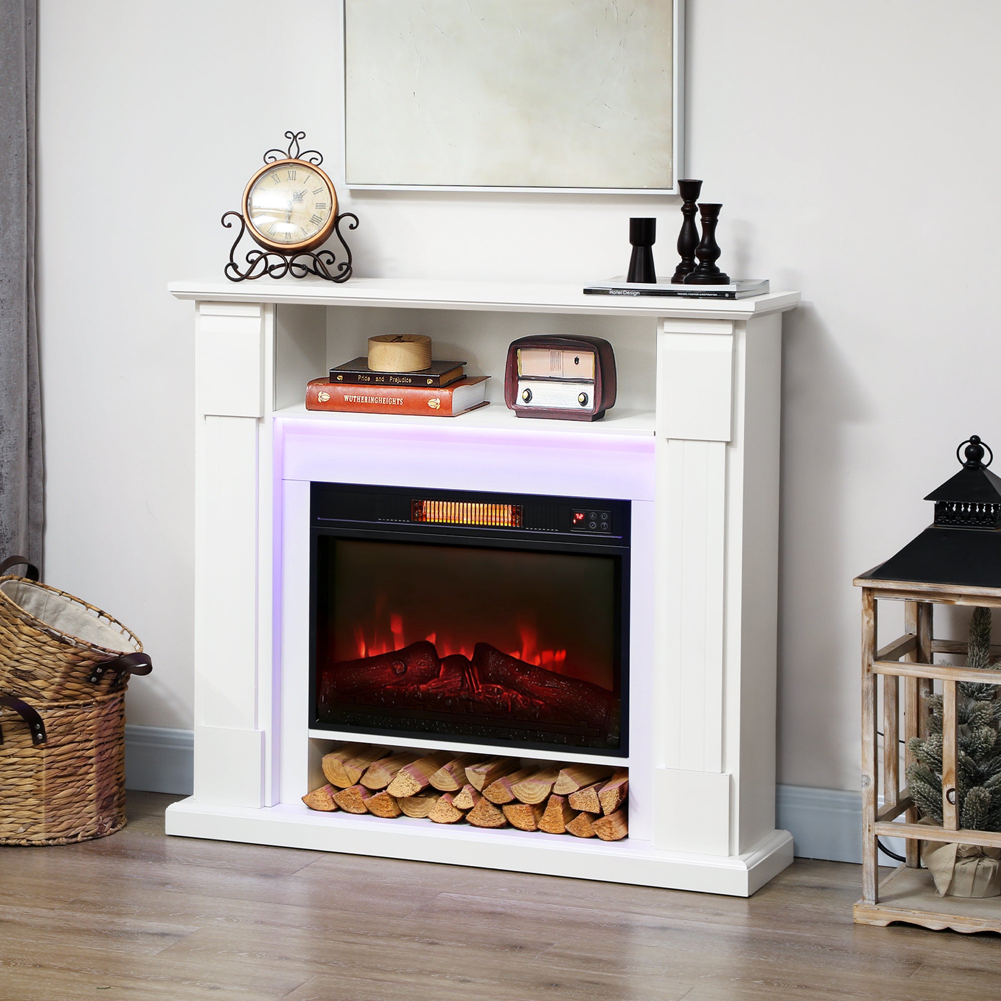 Electric Fireplace with Surround, LED Lights, 38" 1800W Inset Electric Fire and Mantel Reach up to 30 m², with Realistic Flame Effect, 3 Brightness, Remote, Timer for Living Room, White