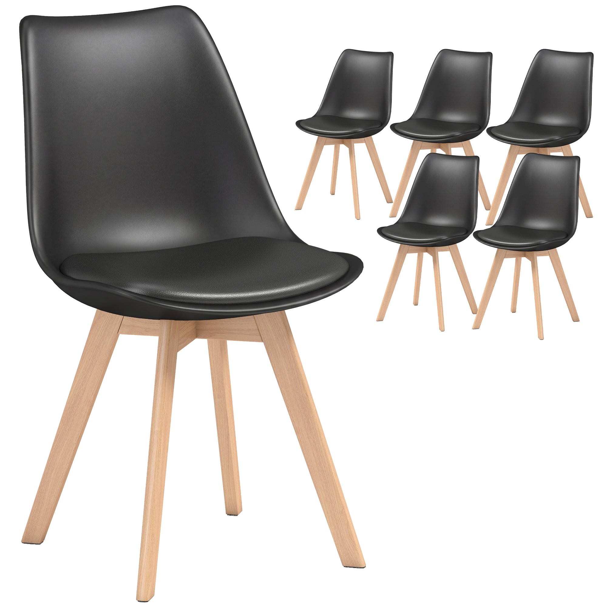 Dining Chairs Set of 6, Modern Kitchen Chairs with PU Leather Cushion and Wood Base, Upholstered Accent Chairs for Living Room and Dining Room, Black
