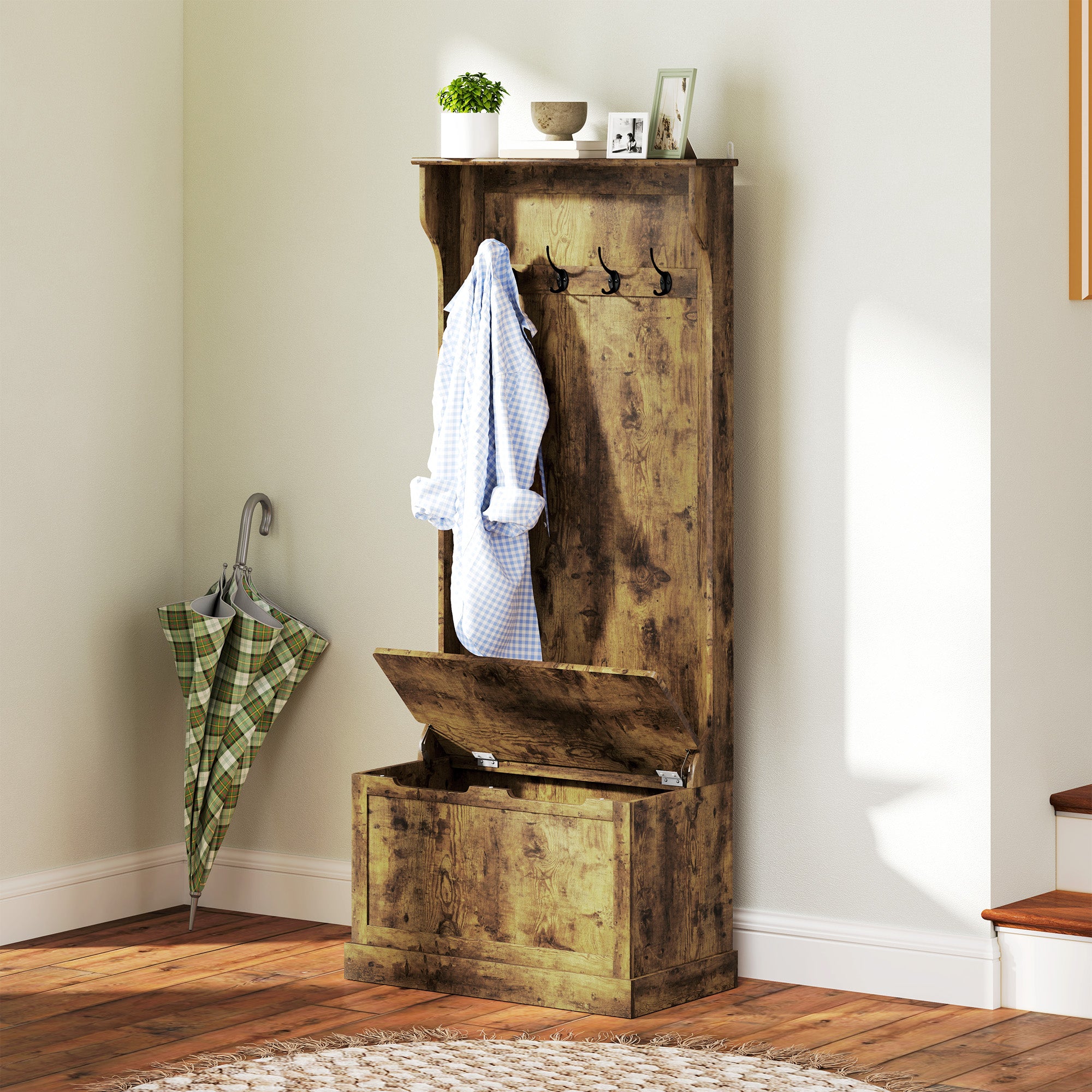 4-In-1 Hall Tree with Bench, 28" Coat Rack with Flip Top Storage Box, 4 Hooks and Top Shelf for Entryway, Hallway, Living Room, Rustic Brown