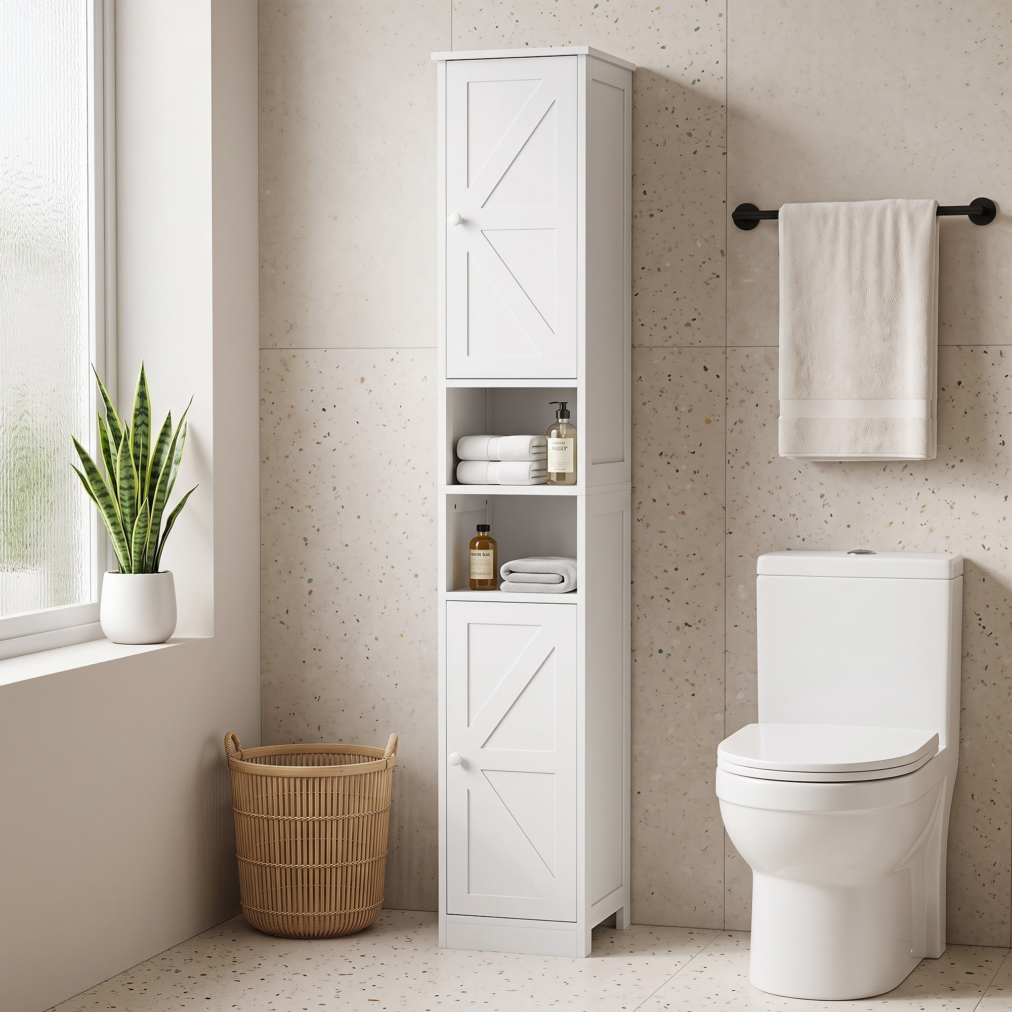 Narrow Tall Bathroom Storage Cabinet, 70" Slim Freestanding Bathroom Cabinet with Adjustable Shelves, Open Shelves and Barn Doors for Small Spaces, White