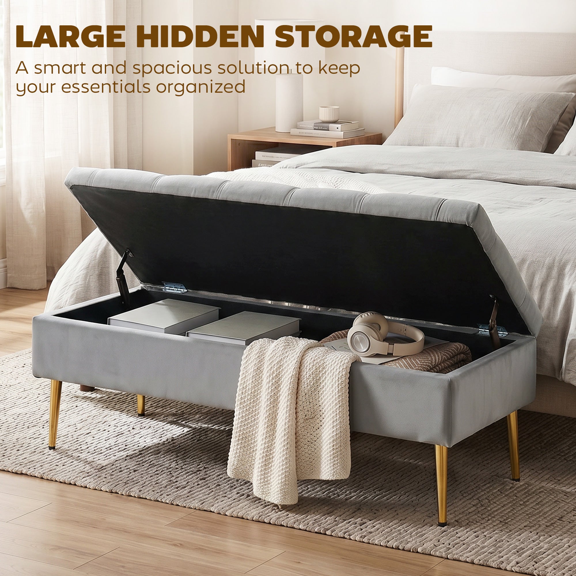 Upholstered Bedroom Bench with Gold Tone Metal Legs, Velvet Button-Tufted Storage Bench, Bench Seat with Thick Padding, Ottoman Bench for Living Room, Hallway, Grey