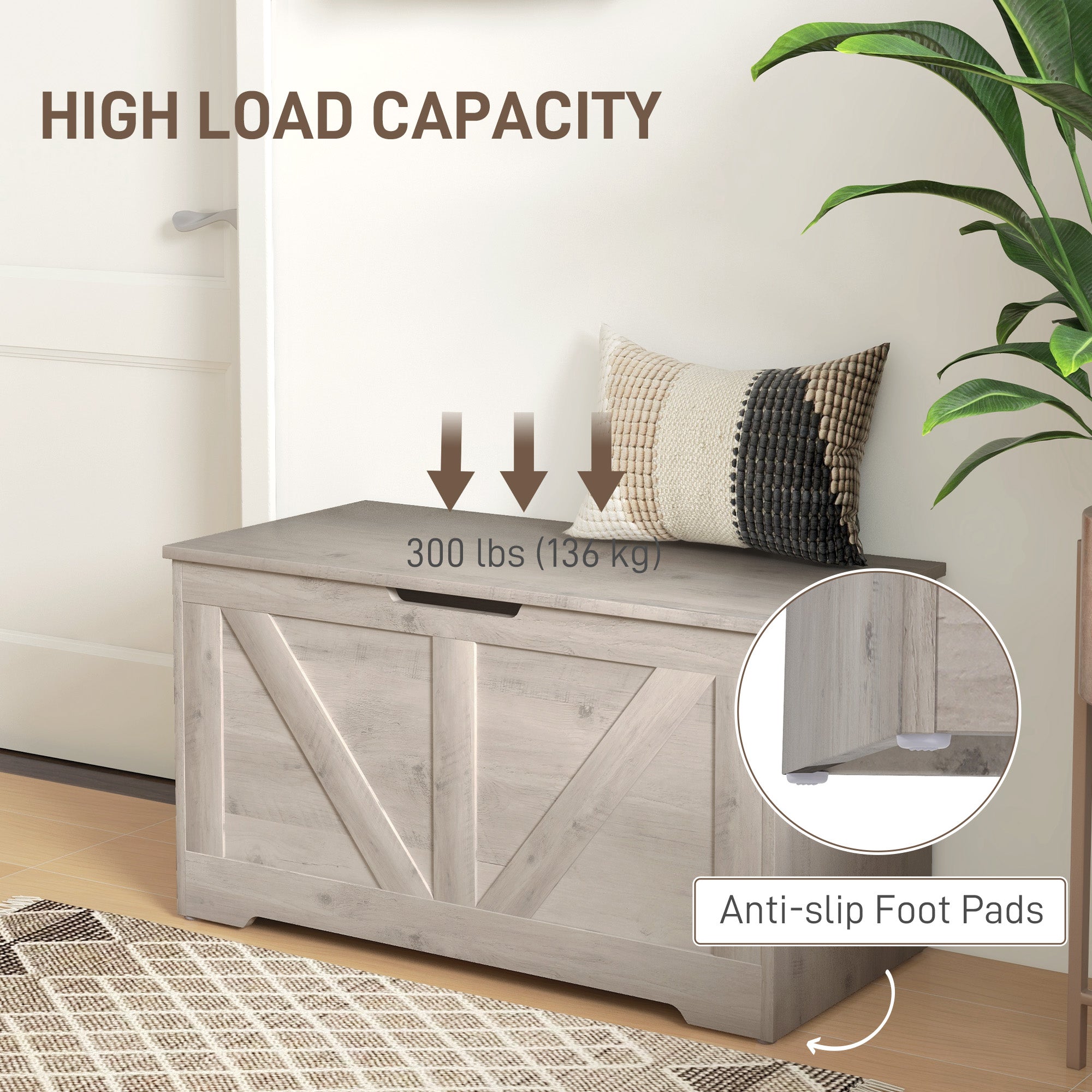 HOMCOM 100L Storage Chest, Storage Trunk with 2 Safety Hinges and U-shaped Cut-out Pull, Storage Box for Living Room, Entryway, 80 x 40 x 45 cm, Grey Wood Grain