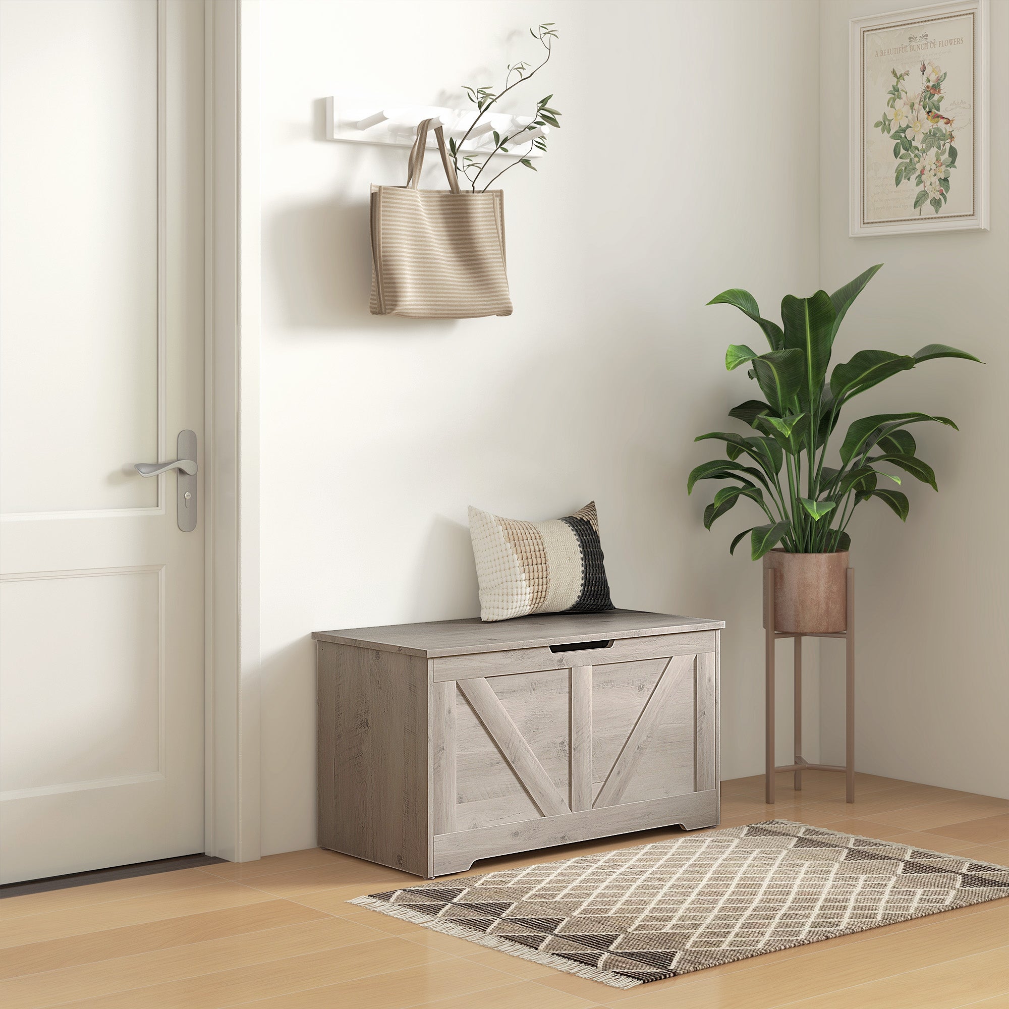 HOMCOM 100L Storage Chest, Storage Trunk with 2 Safety Hinges and U-shaped Cut-out Pull, Storage Box for Living Room, Entryway, 80 x 40 x 45 cm, Grey Wood Grain