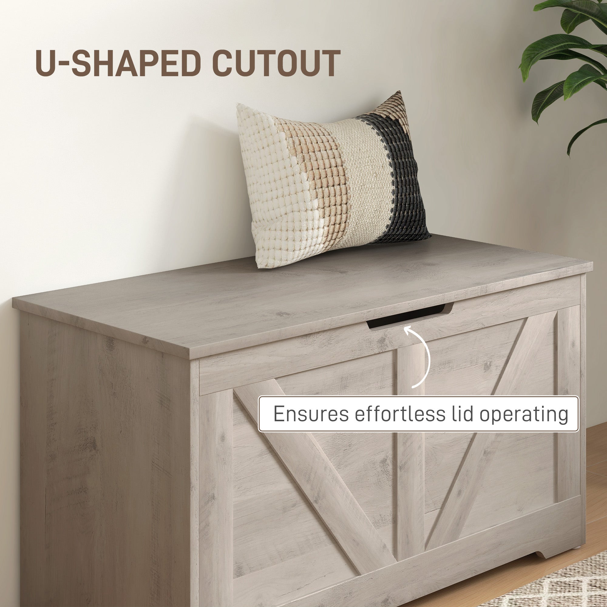 HOMCOM 100L Storage Chest, Storage Trunk with 2 Safety Hinges and U-shaped Cut-out Pull, Storage Box for Living Room, Entryway, 80 x 40 x 45 cm, Grey Wood Grain