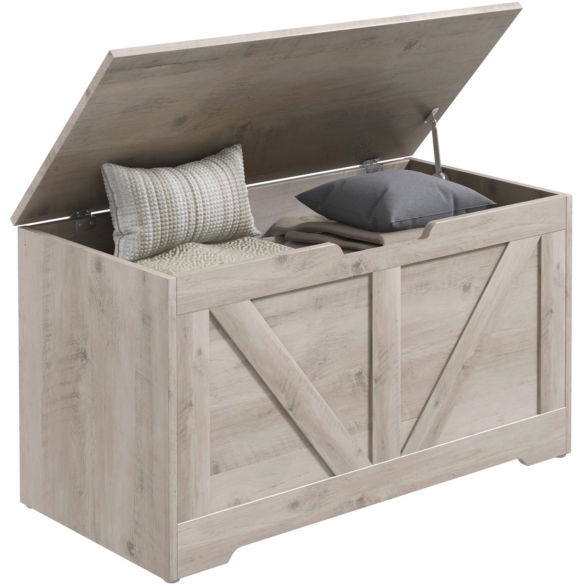 HOMCOM 100L Storage Chest, Storage Trunk with 2 Safety Hinges and U-shaped Cut-out Pull, Storage Box for Living Room, Entryway, 80 x 40 x 45 cm, Grey Wood Grain