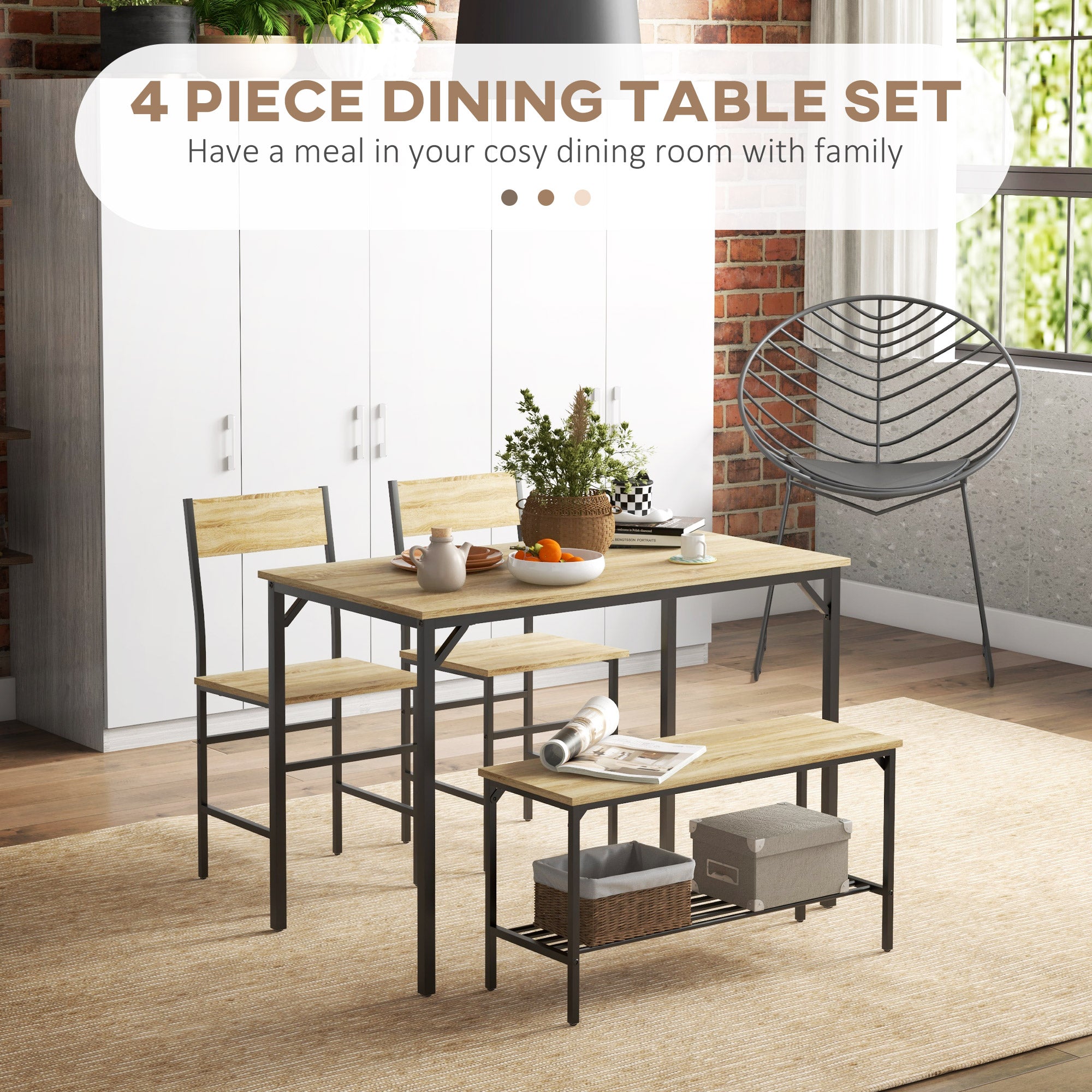 HOMCOM 4 Piece Dining Table and Chairs Set, Industrial Kitchen Table Set of 4 with 2 Chairs and Bench, Space Saving Table and Chairs with Shelf for Small Spaces, Natural Wood Effect