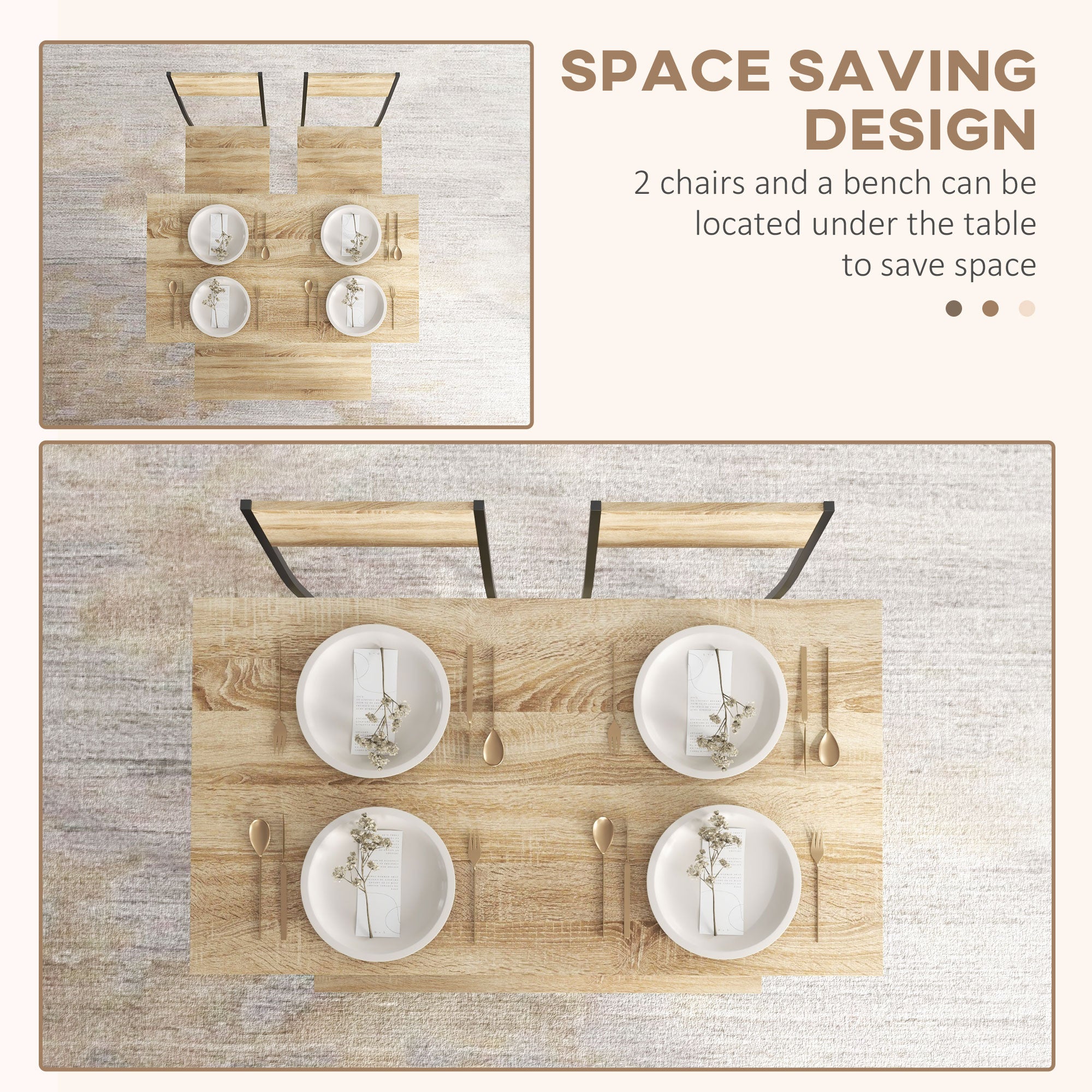 HOMCOM 4 Piece Dining Table and Chairs Set, Industrial Kitchen Table Set of 4 with 2 Chairs and Bench, Space Saving Table and Chairs with Shelf for Small Spaces, Natural Wood Effect