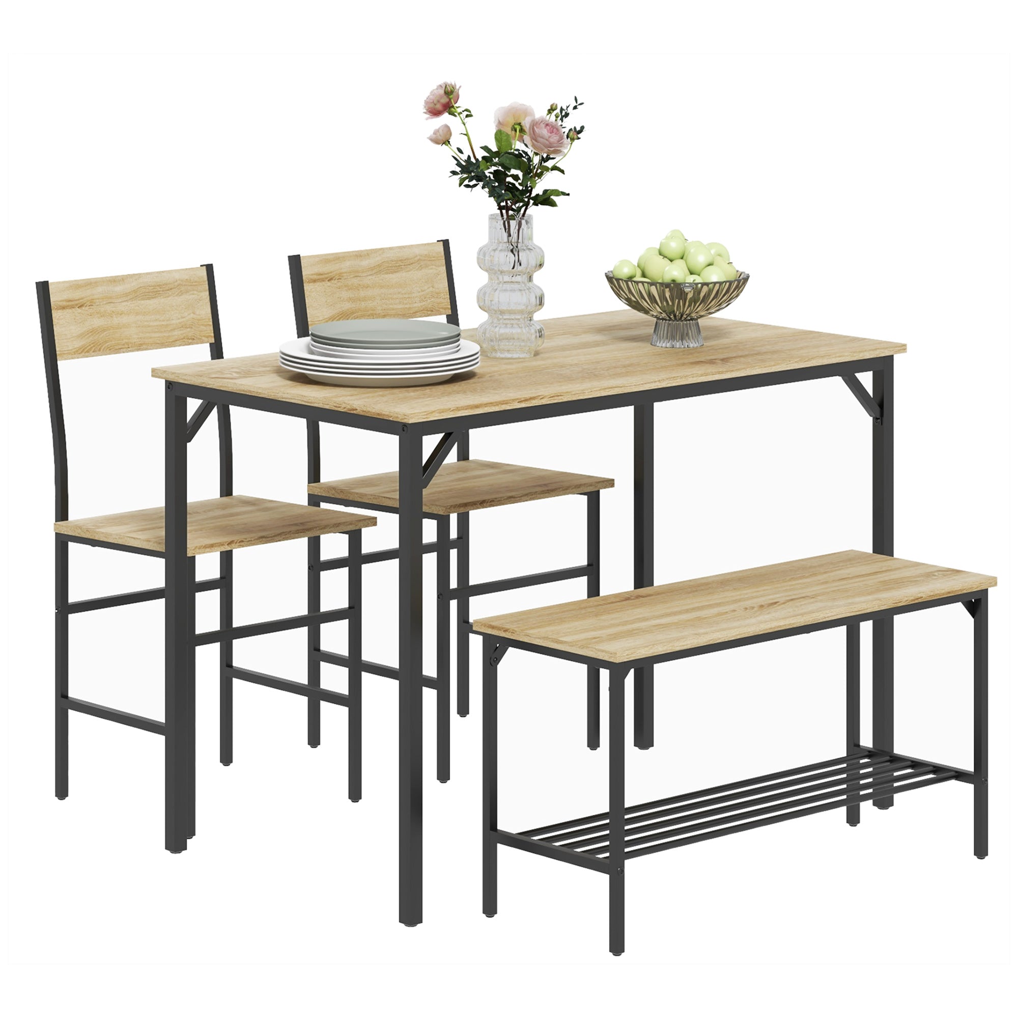 HOMCOM 4 Piece Dining Table and Chairs Set, Industrial Kitchen Table Set of 4 with 2 Chairs and Bench, Space Saving Table and Chairs with Shelf for Small Spaces, Natural Wood Effect