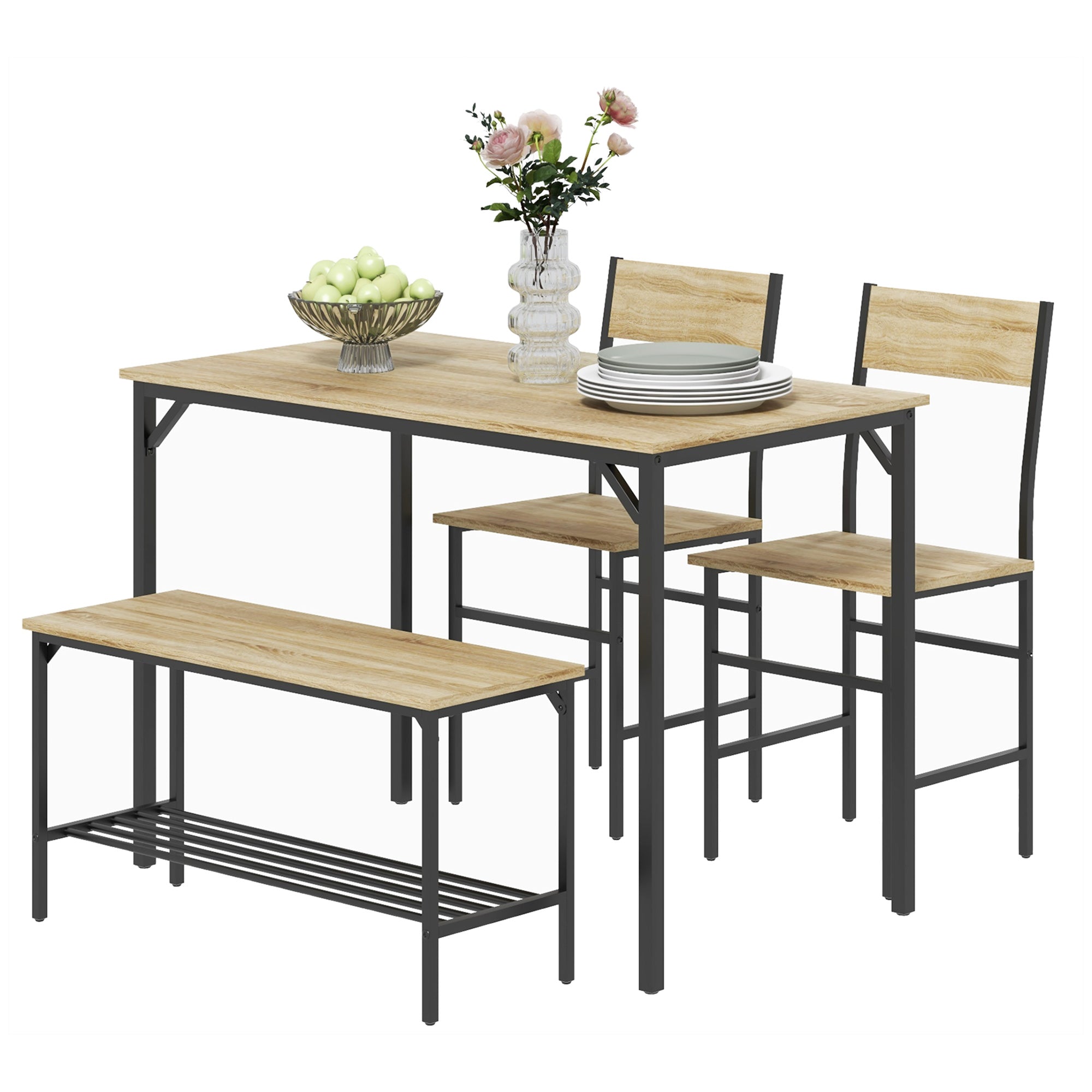 HOMCOM 4 Piece Dining Table and Chairs Set, Industrial Kitchen Table Set of 4 with 2 Chairs and Bench, Space Saving Table and Chairs with Shelf for Small Spaces, Natural Wood Effect
