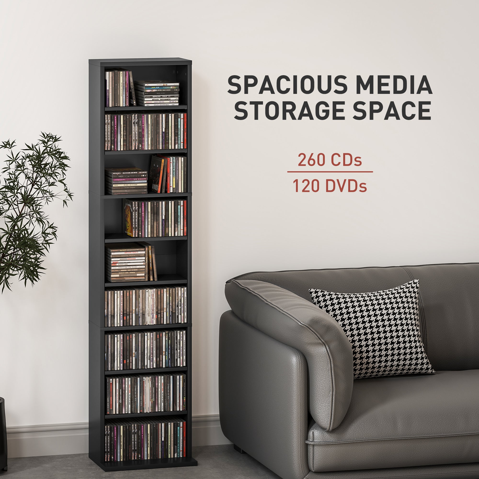 Media Storage Cabinet, 9-Tier Tall Narrow DVD Shelf with 6 Adjustable Shelves, Display Shelf, Holds 260 CDs, 120 DVDs, Black