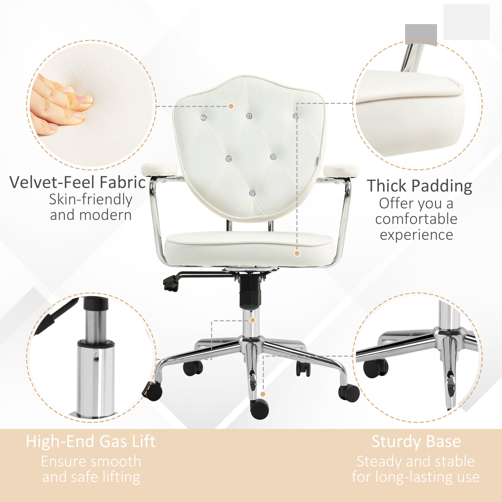 Velvet Office Chair, Button-Tufted Swivel Desk Seat with Padded Arms, Cream White