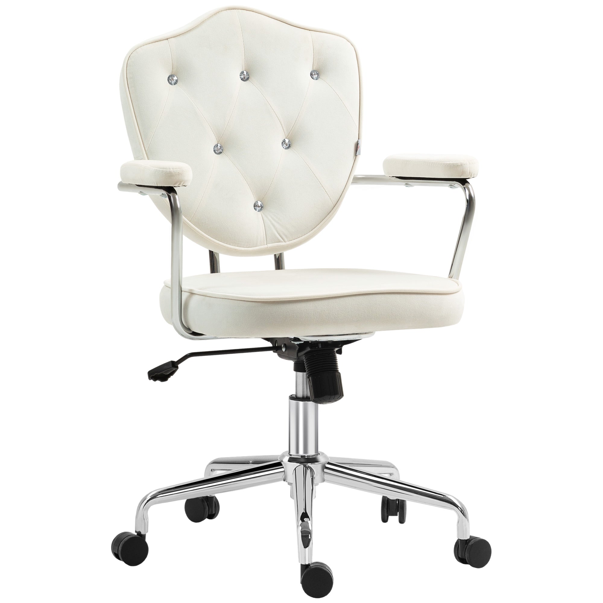 Velvet Office Chair, Button-Tufted Swivel Desk Seat with Padded Arms, Cream White